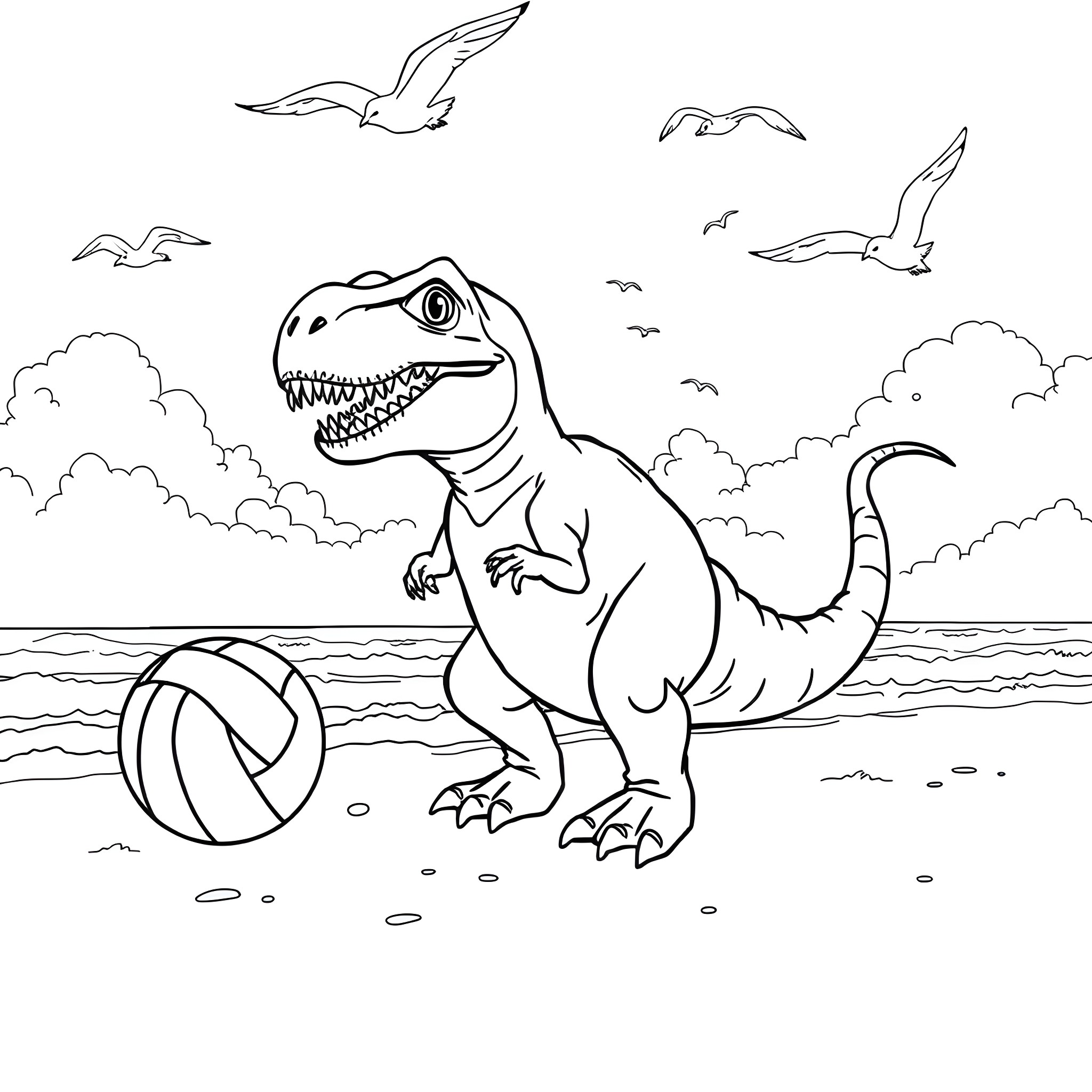 T-Rex playing with a beach ball by the ocean Coloring Page (free black-and-white line drawing printable PDF for all, from beginners to advanced learners, including children, teens, adults, and seniors)