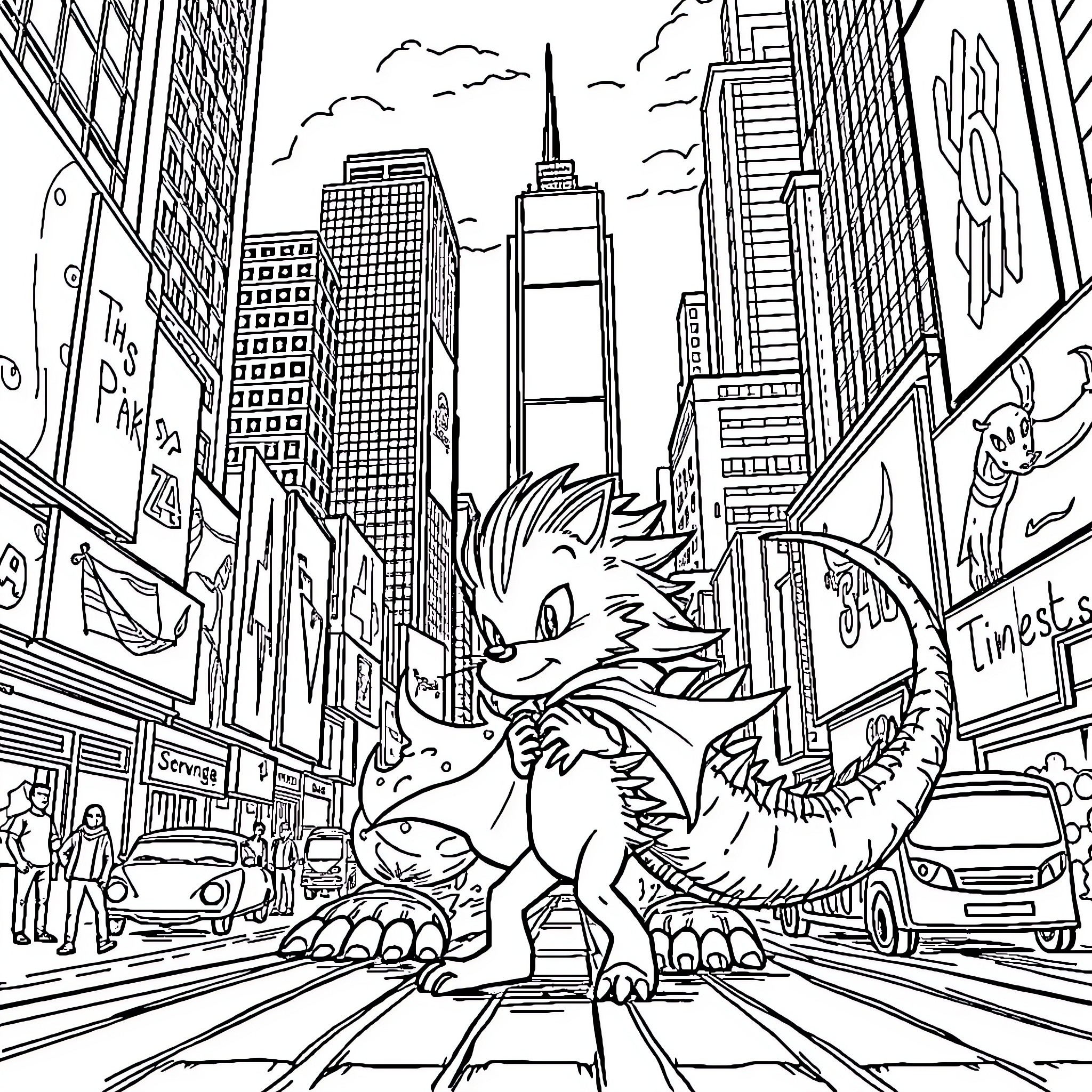 Hedgehog exploring the bustling city streets Coloring Page (free black-and-white line drawing printable PDF for all, from beginners to advanced learners, including children, teens, adults, and seniors)