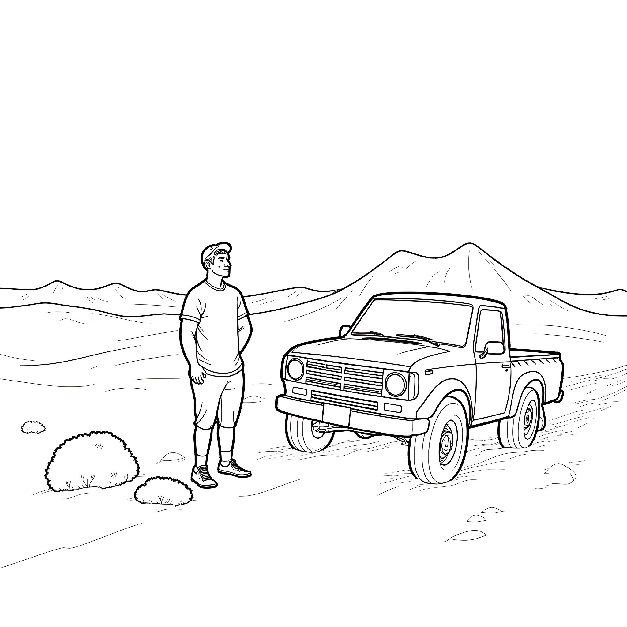 Man standing near rugged terrain and pickup truck Coloring Page (free black-and-white line drawing printable PDF for all, from beginners to advanced learners, including children, teens, adults, and seniors)