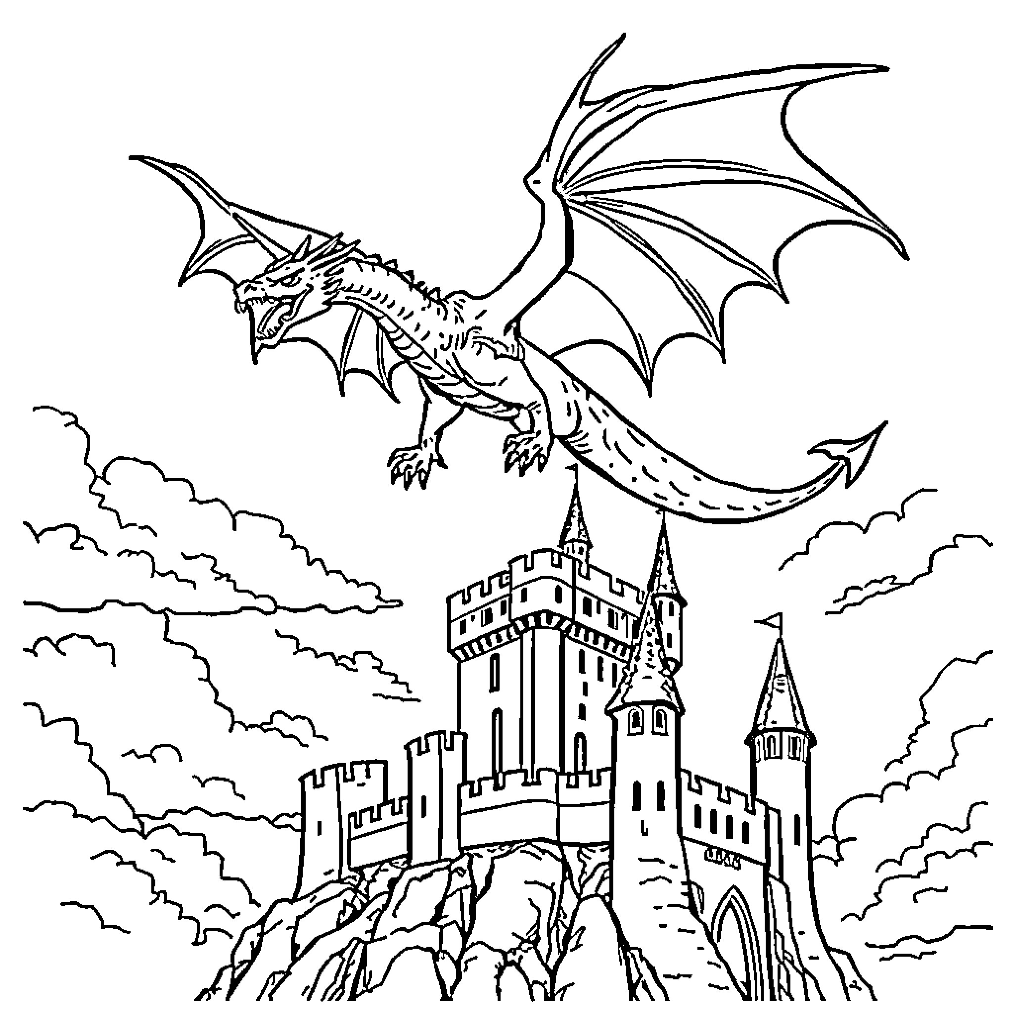 Dragon guarding a medieval castle Coloring Page (free black-and-white line drawing printable PDF for all, from beginners to advanced learners, including children, teens, adults, and seniors)