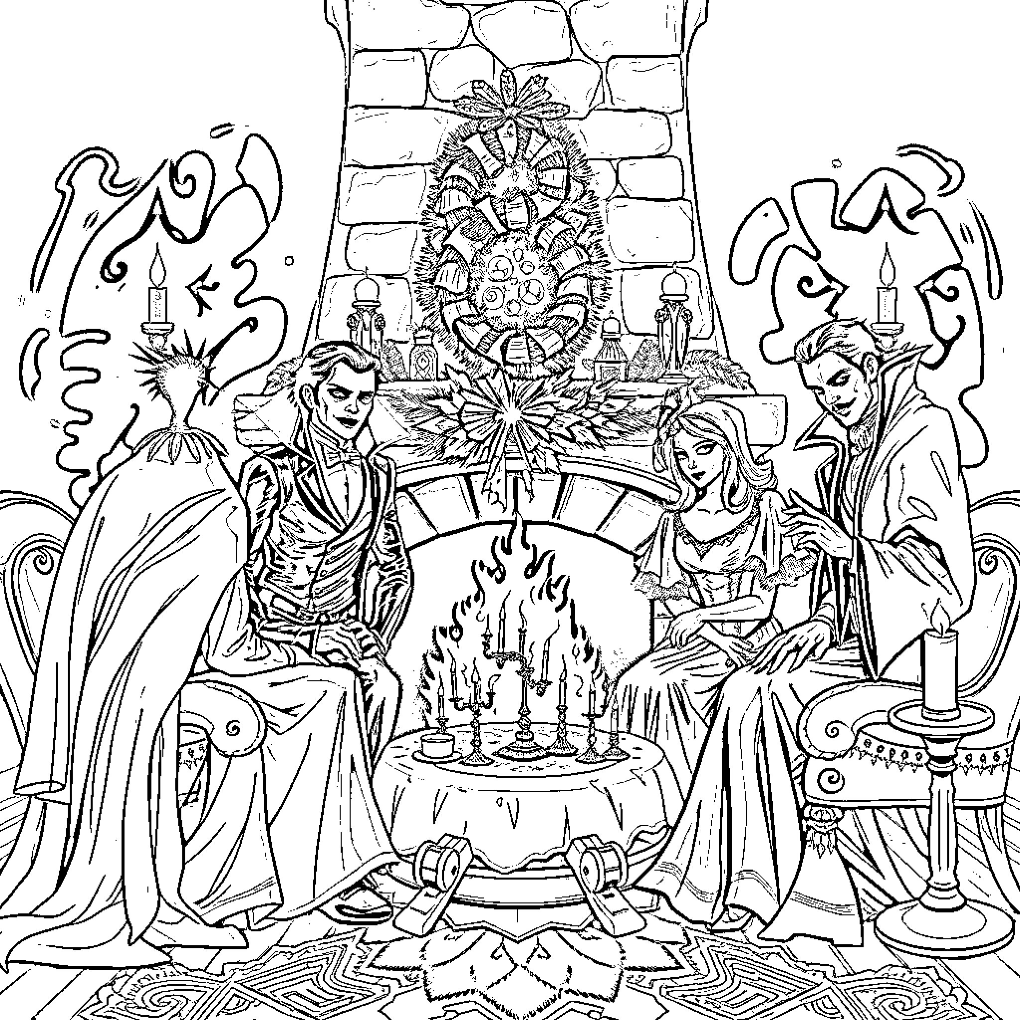 Vampire family gathered around the fireplace Coloring Page (free black-and-white line drawing printable PDF for all, from beginners to advanced learners, including children, teens, adults, and seniors)