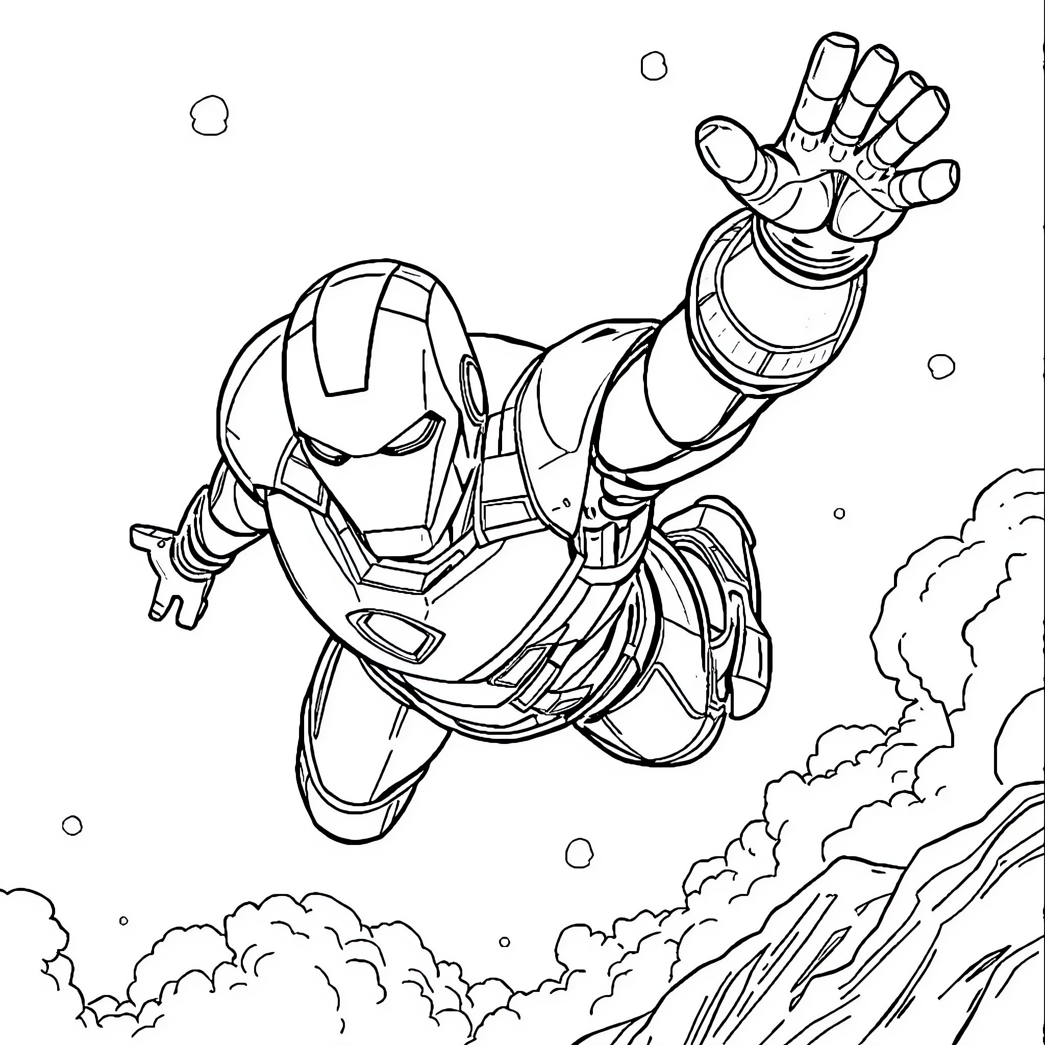 Iron Man soaring through the sky in heroic action Coloring Page (free black-and-white line drawing printable PDF for all, from beginners to advanced learners, including children, teens, adults, and seniors)