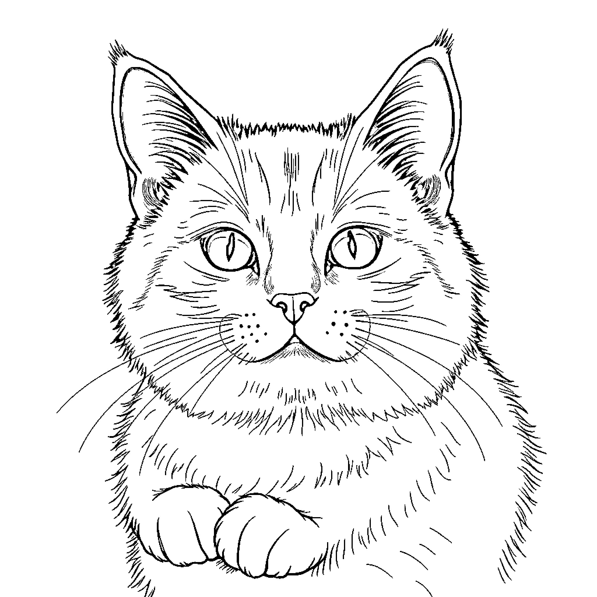 Cat staring intensely at the viewer Coloring Page (free black-and-white line drawing printable PDF for all, from beginners to advanced learners, including children, teens, adults, and seniors)