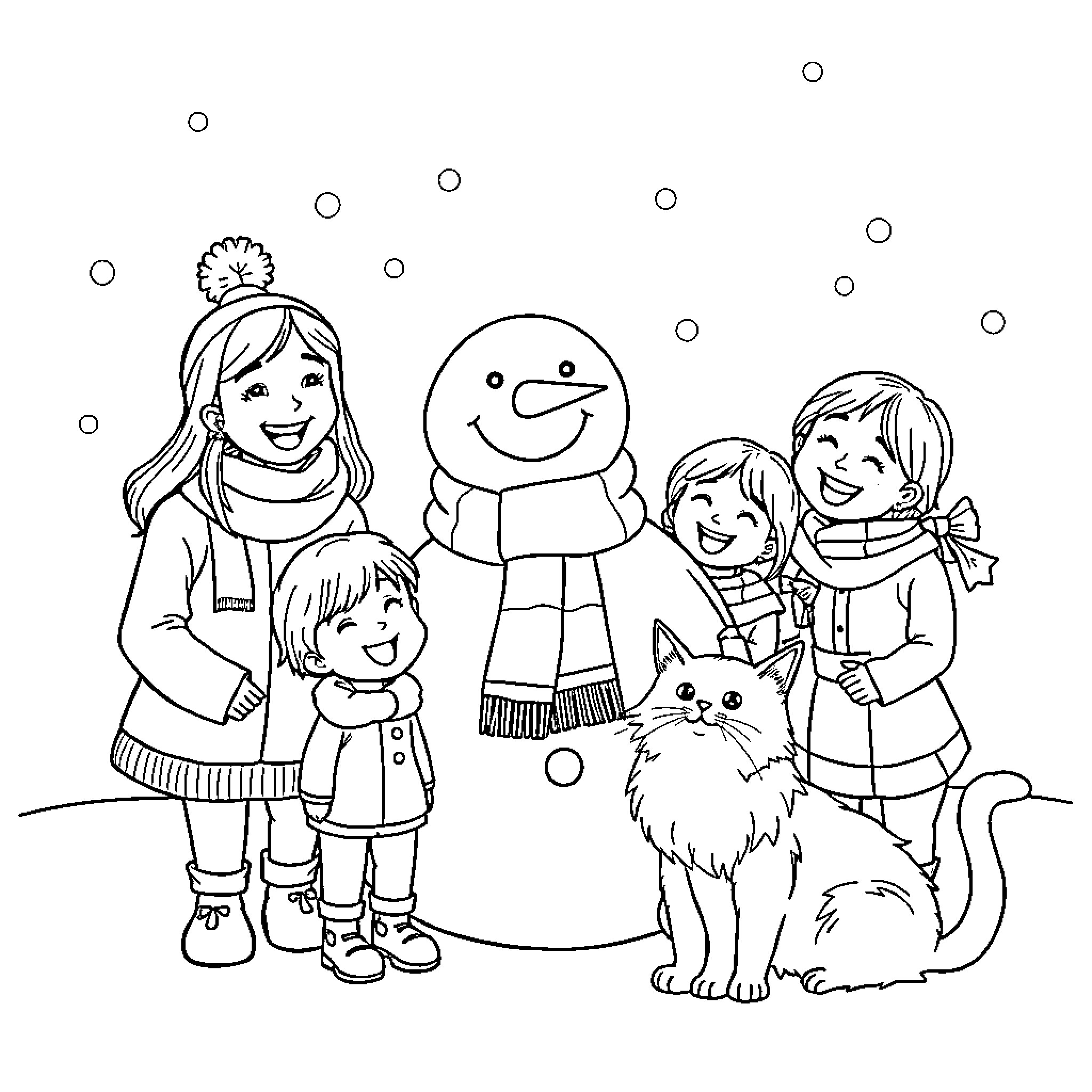 Snowman and Family Enjoy Winter Wonderland Coloring Page (free black-and-white line drawing printable PDF for all, from beginners to advanced learners, including children, teens, adults, and seniors)