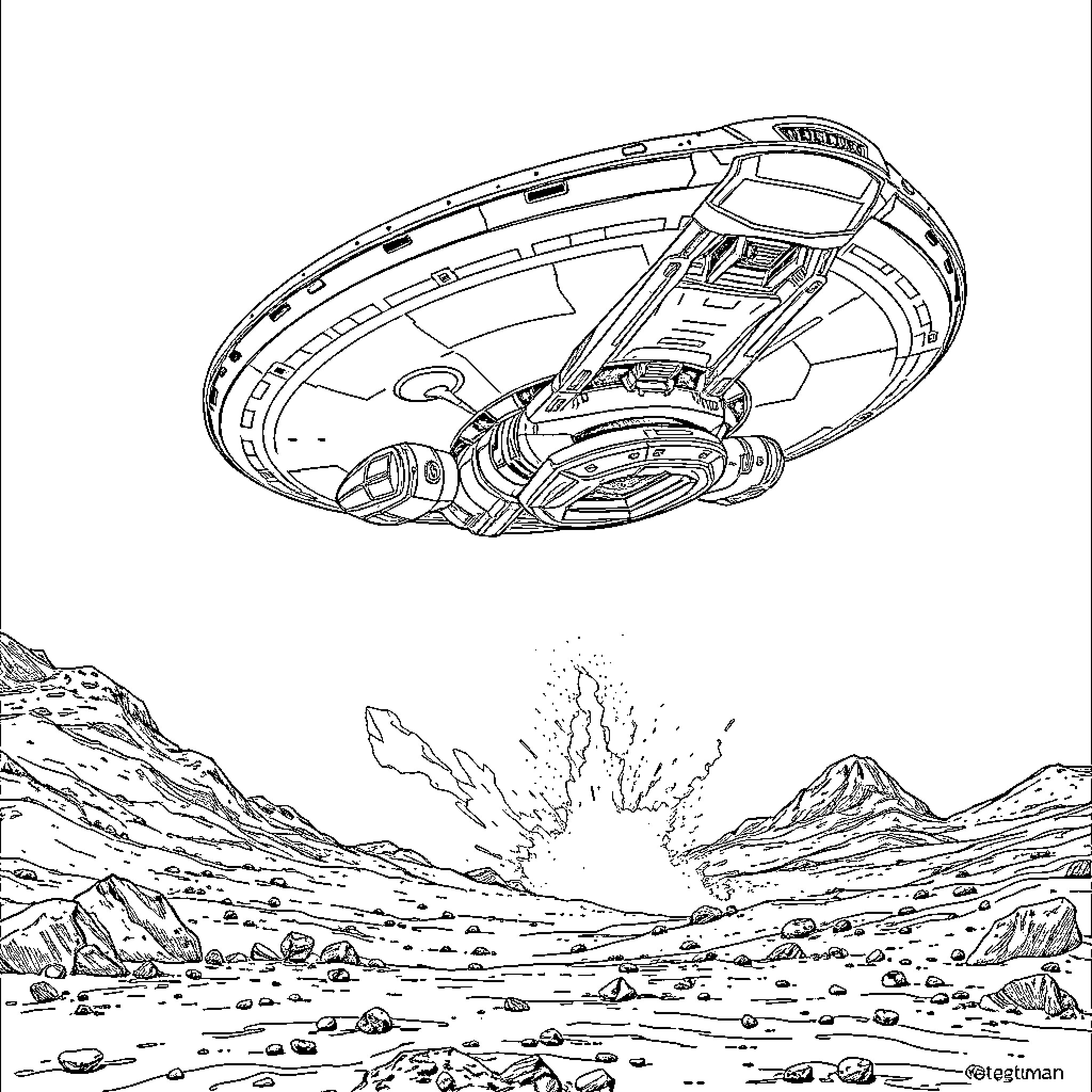 Starship hovering over alien landscape Coloring Page (free black-and-white line drawing printable PDF for all, from beginners to advanced learners, including children, teens, adults, and seniors)