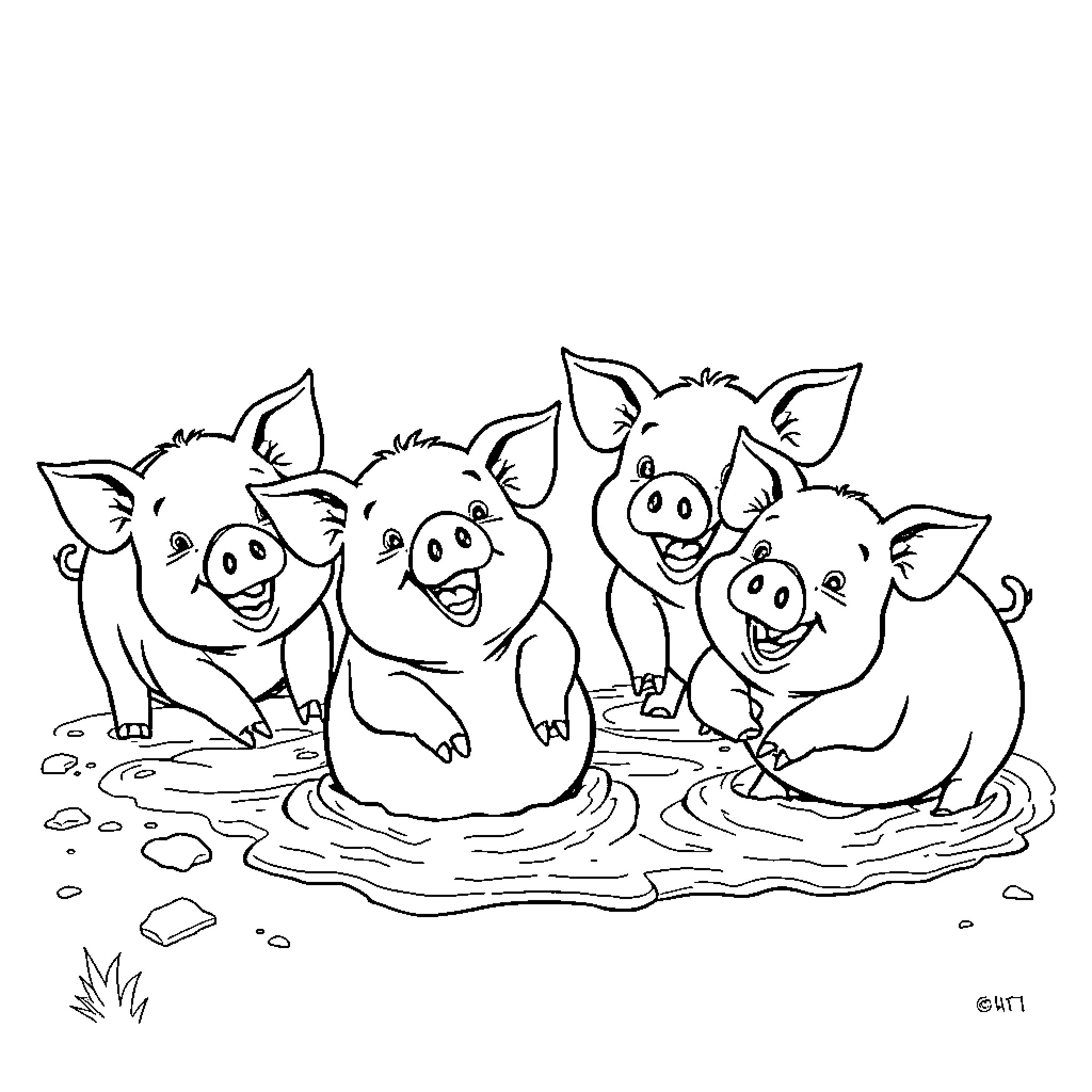 Pigs playing happily in the mud Coloring Page (free black-and-white line drawing printable PDF for all, from beginners to advanced learners, including children, teens, adults, and seniors)