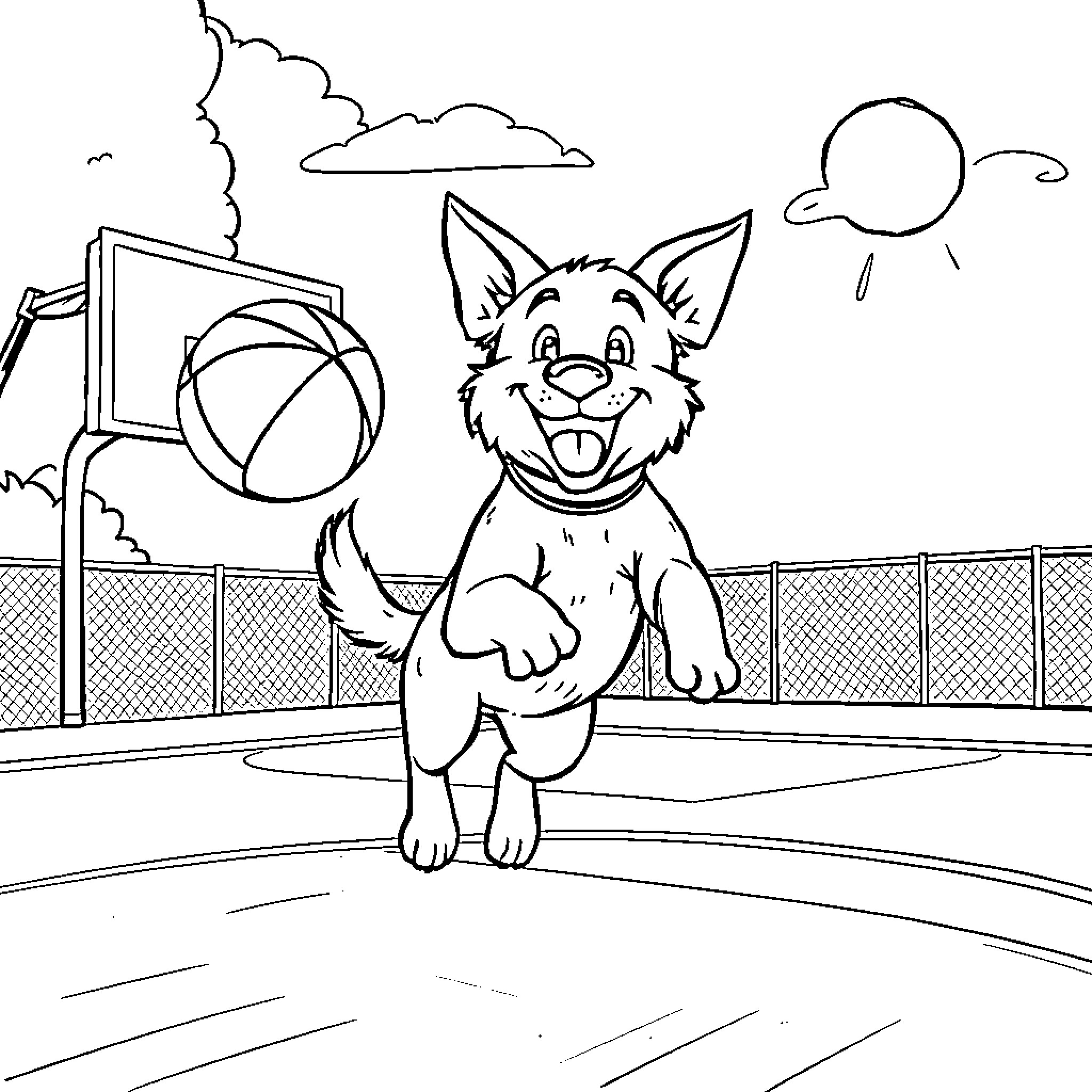 Dog playing with basketball on sports court Coloring Page (free black-and-white line drawing printable PDF for all, from beginners to advanced learners, including children, teens, adults, and seniors)