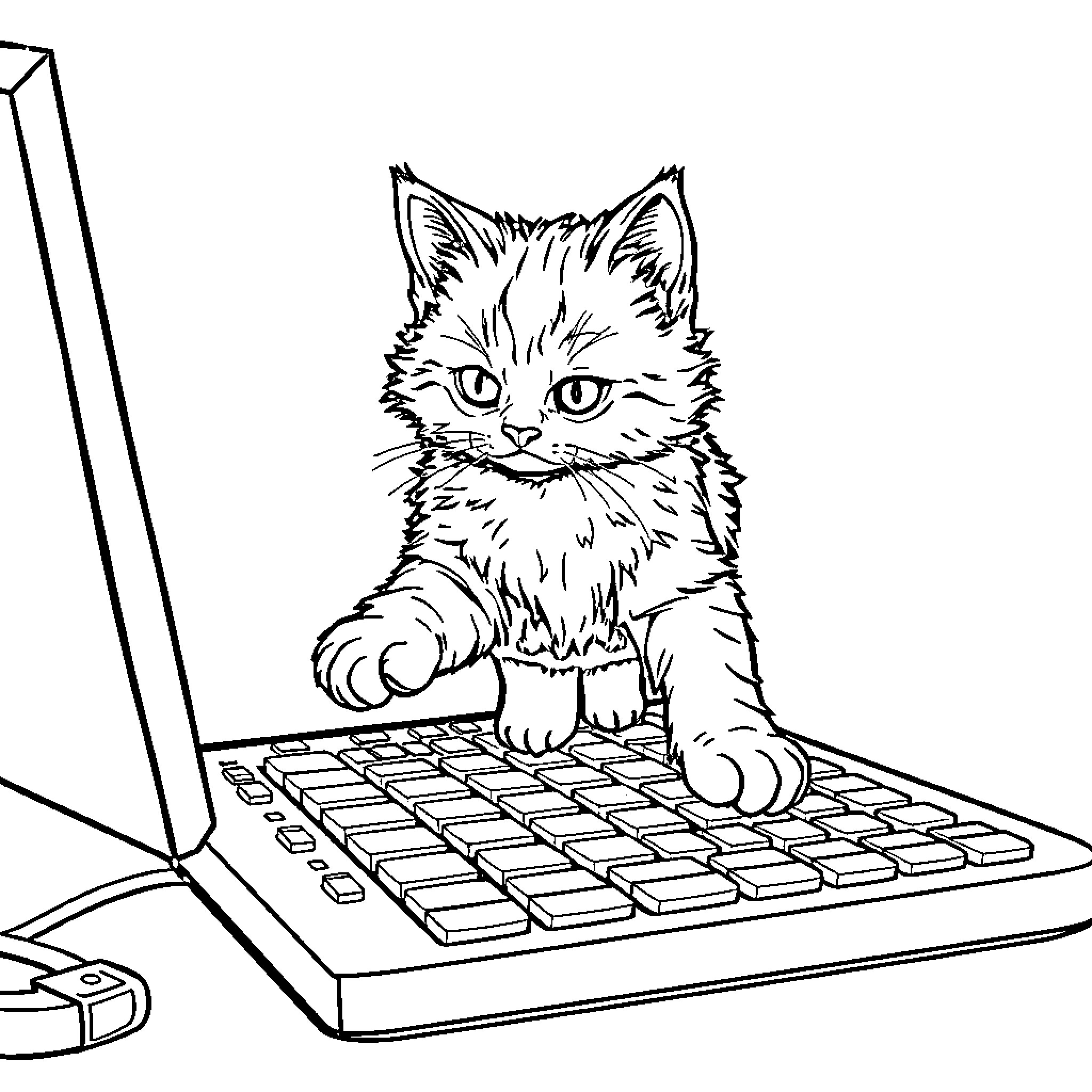 Kitty Typing on Computer Keyboard Coloring Page (free black-and-white line drawing printable PDF for all, from beginners to advanced learners, including children, teens, adults, and seniors)