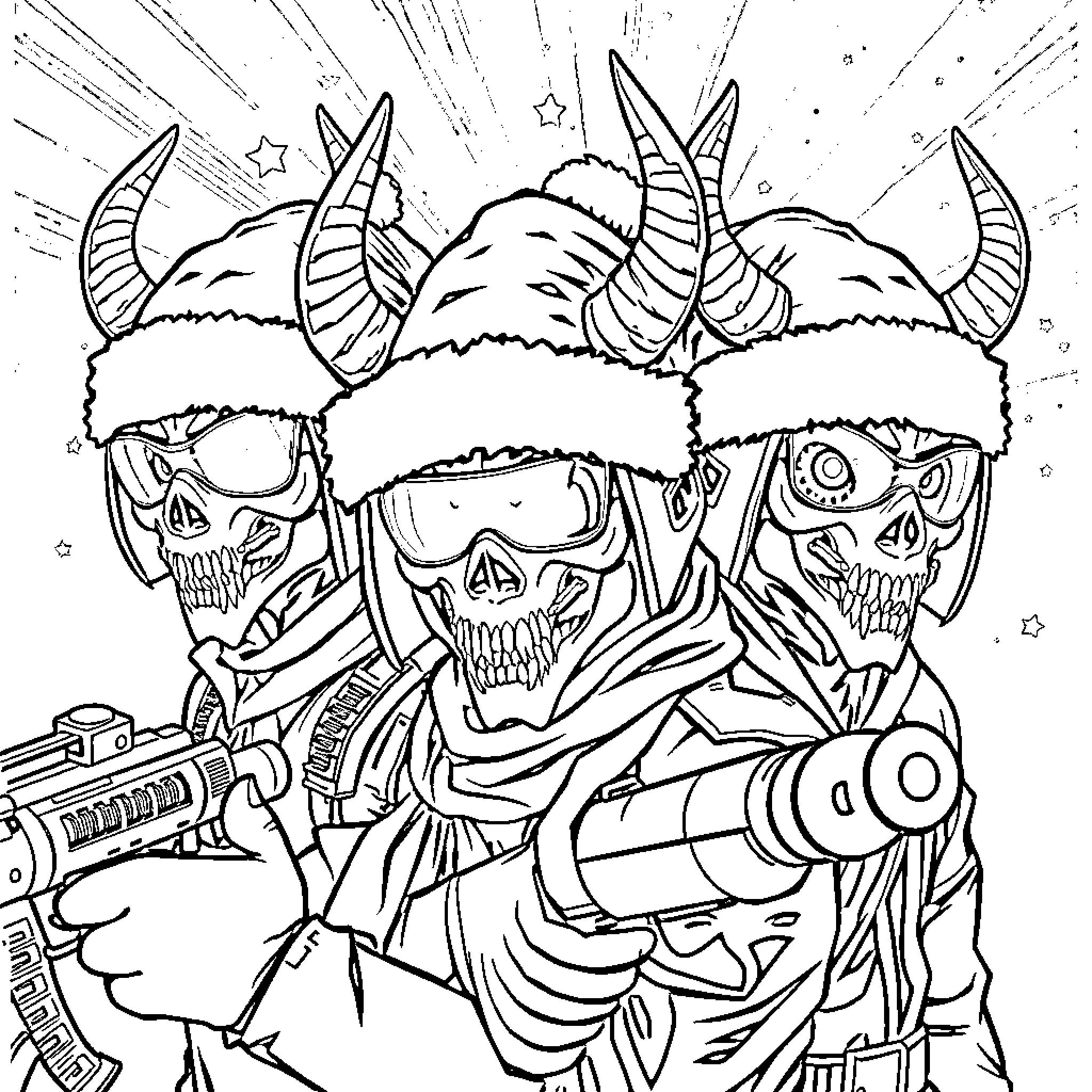 Demon Hunter Trio Wielding Weapons and Horns Coloring Page (free black-and-white line drawing printable PDF for all, from beginners to advanced learners, including children, teens, adults, and seniors)