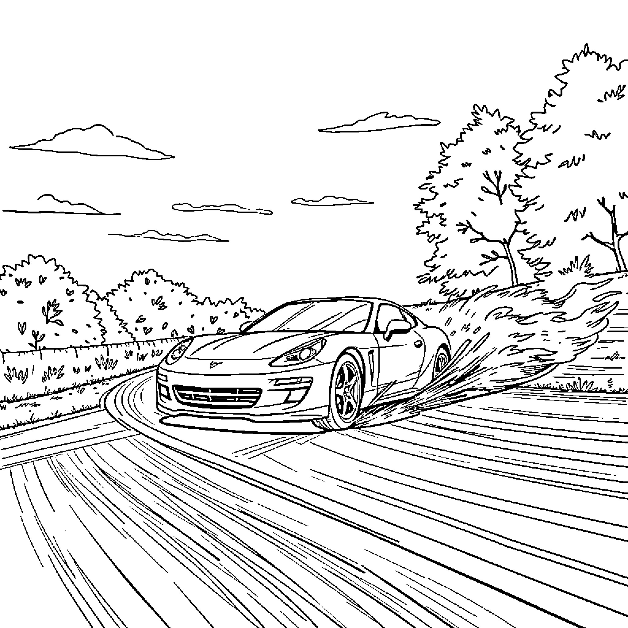 Drifting Car on Winding Road through Countryside Coloring Page (free black-and-white line drawing printable PDF for all, from beginners to advanced learners, including children, teens, adults, and seniors)