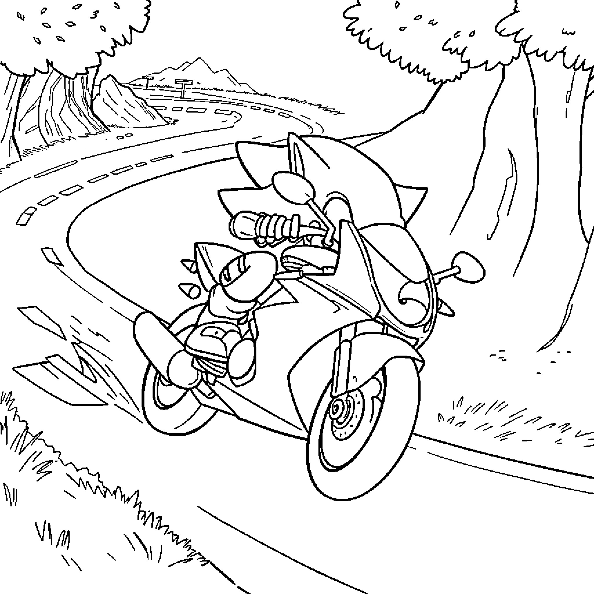 Sonic racing through the countryside on his motorcycle Coloring Page (free black-and-white line drawing printable PDF for all, from beginners to advanced learners, including children, teens, adults, and seniors)