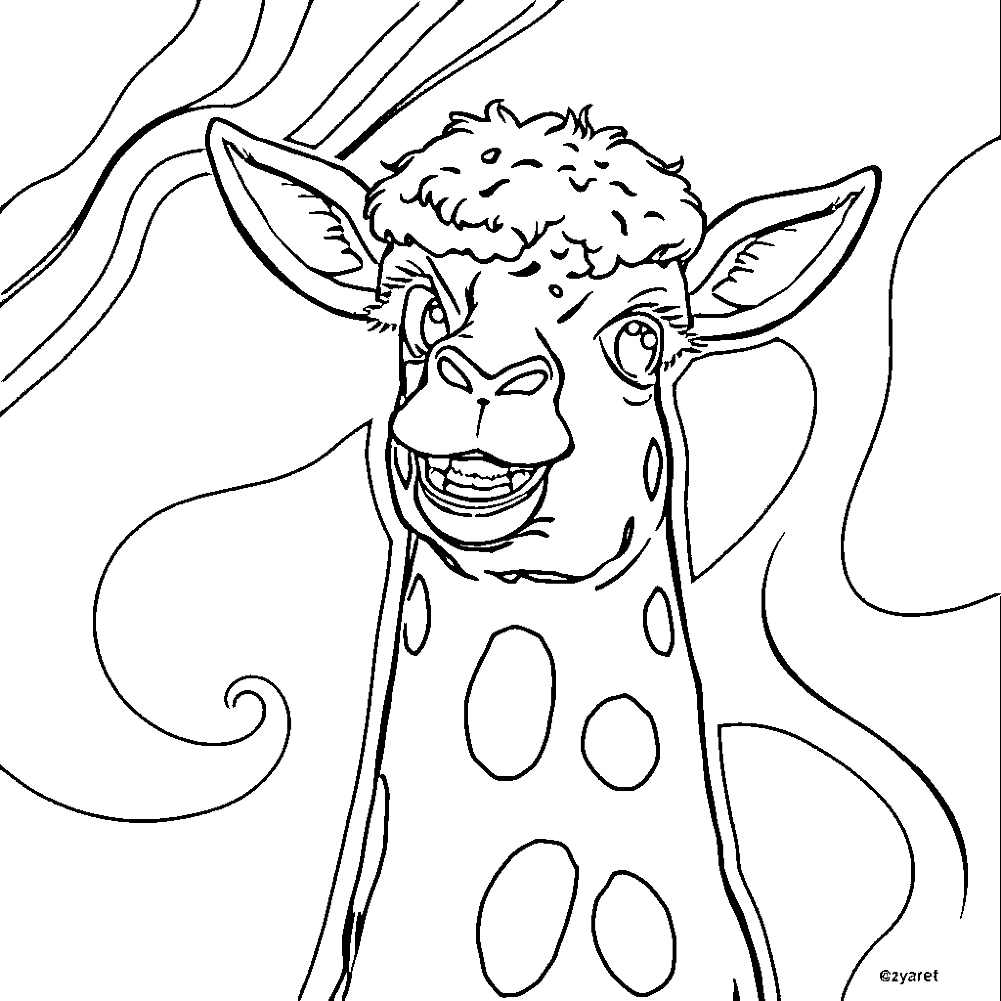 Talking Poop Giraffe in Whimsical Pose Coloring Page (free black-and-white line drawing printable PDF for all, from beginners to advanced learners, including children, teens, adults, and seniors)