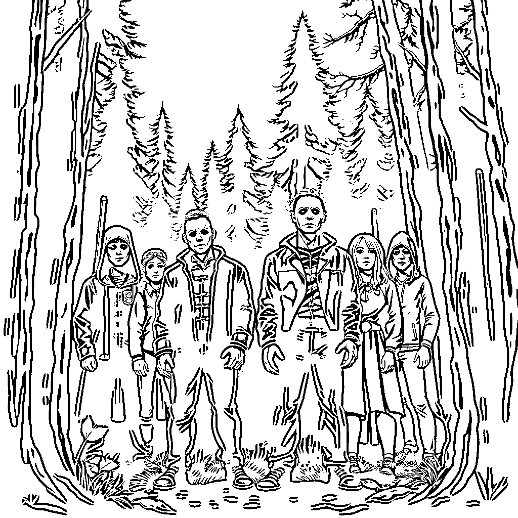 Horror Character Group in Dark Forest Coloring Page (free black-and-white line drawing printable PDF for all, from beginners to advanced learners, including children, teens, adults, and seniors)