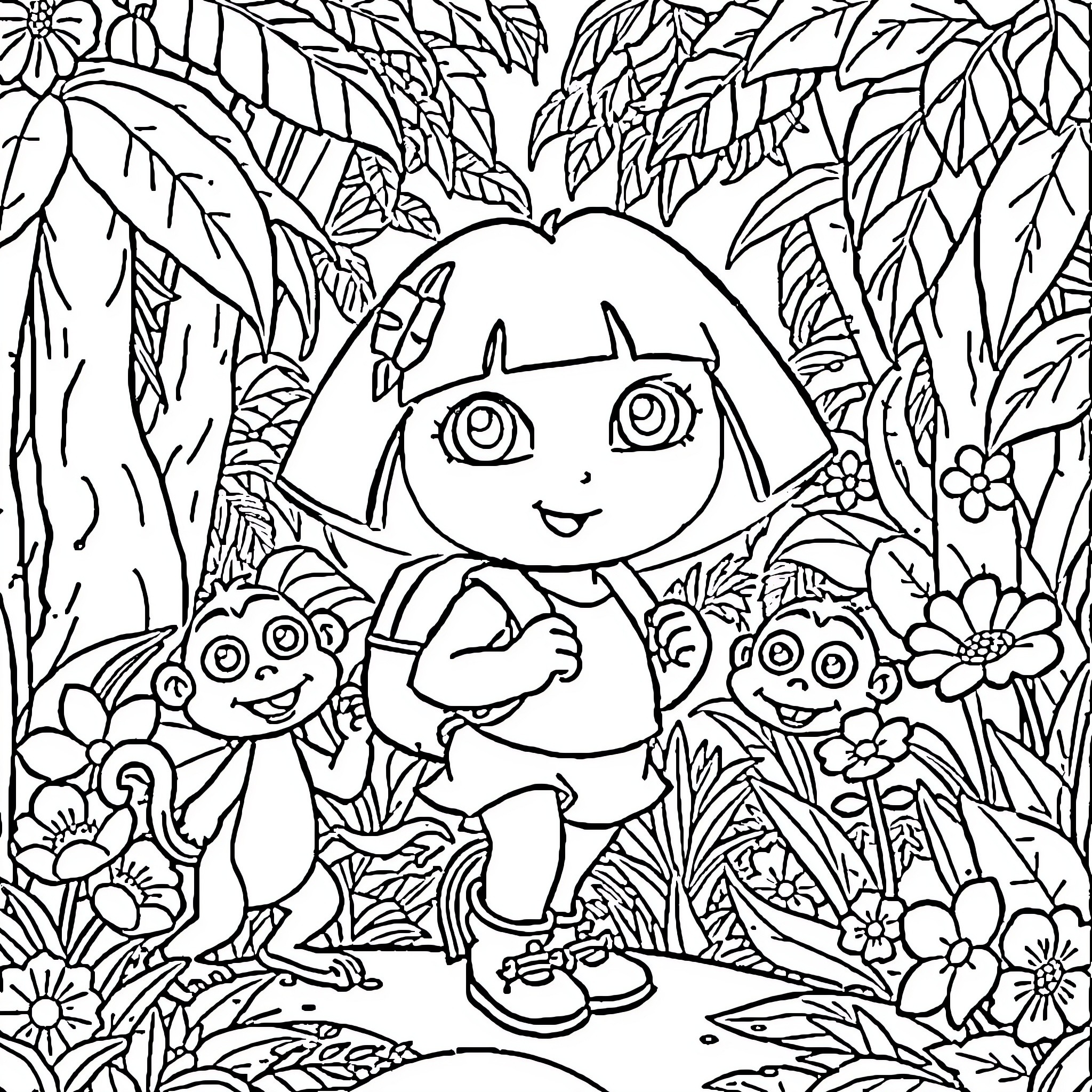 Dora's Jungle Adventure Coloring Page (free black-and-white line drawing printable PDF for all, from beginners to advanced learners, including children, teens, adults, and seniors)