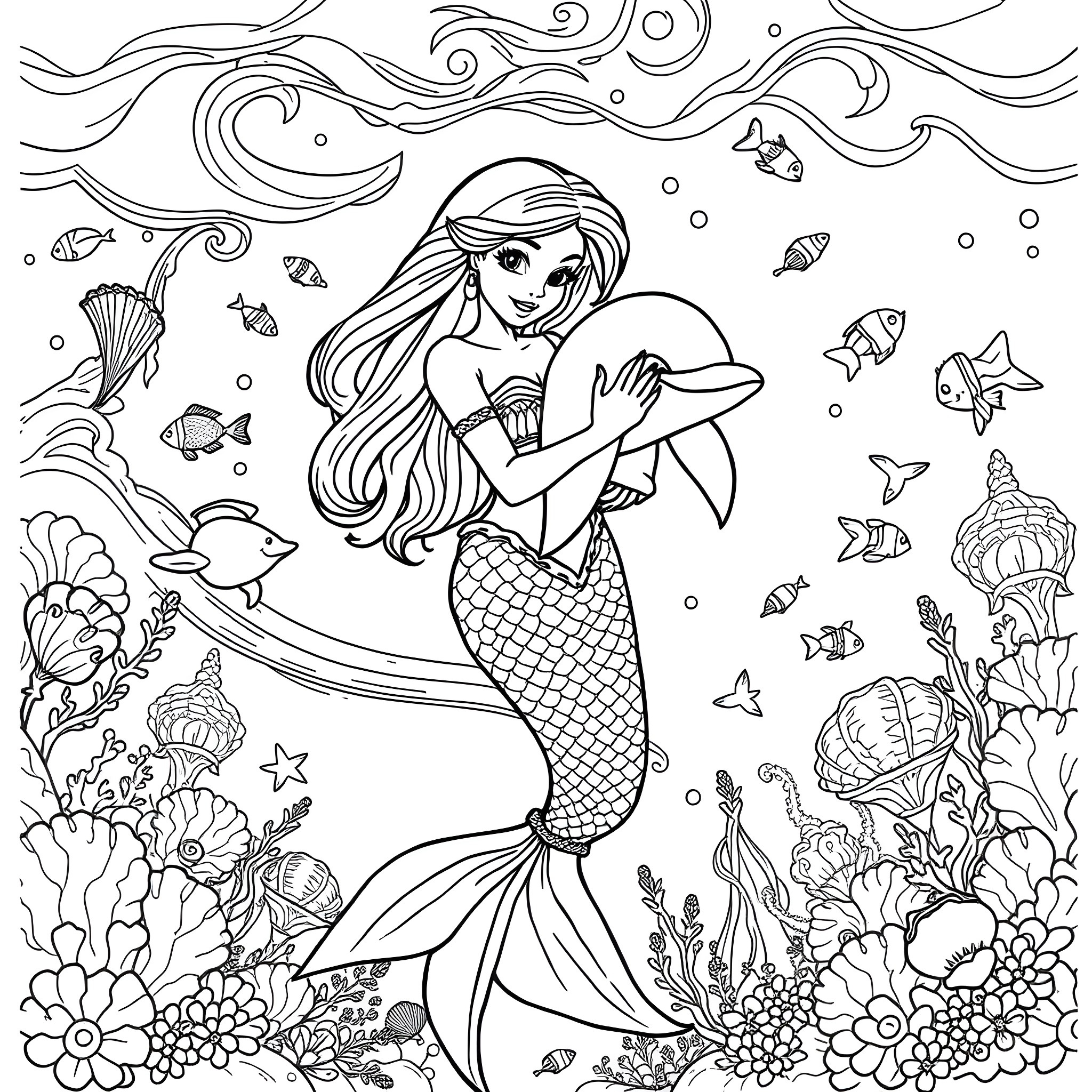 Mermaid exploring the underwater ocean world Coloring Page (free black-and-white line drawing printable PDF for all, from beginners to advanced learners, including children, teens, adults, and seniors)