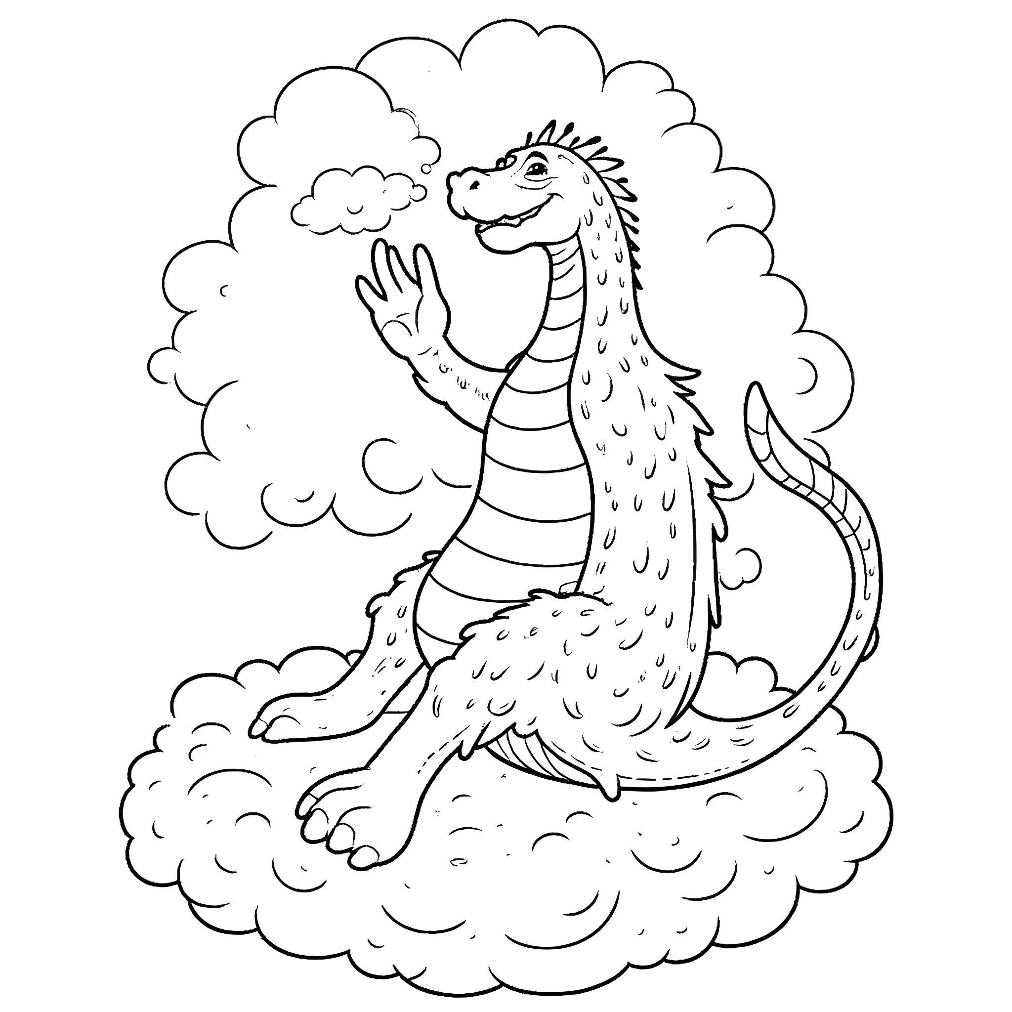 Monster dragon in clouds Coloring Page (free black-and-white line drawing printable PDF for all, from beginners to advanced learners, including children, teens, adults, and seniors)