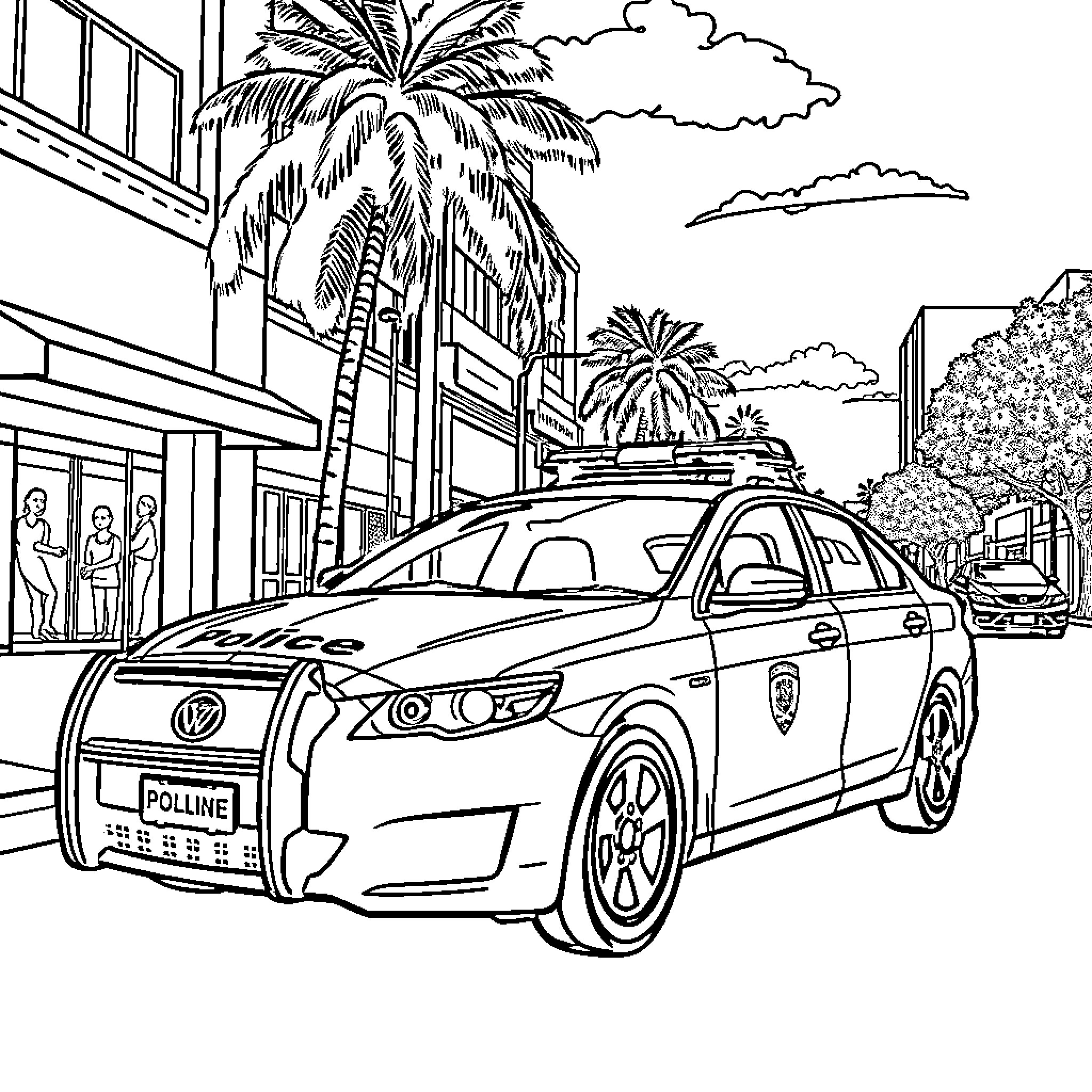 Police Car Patrolling Tropical Street Scene Coloring Page (free black-and-white line drawing printable PDF for all, from beginners to advanced learners, including children, teens, adults, and seniors)