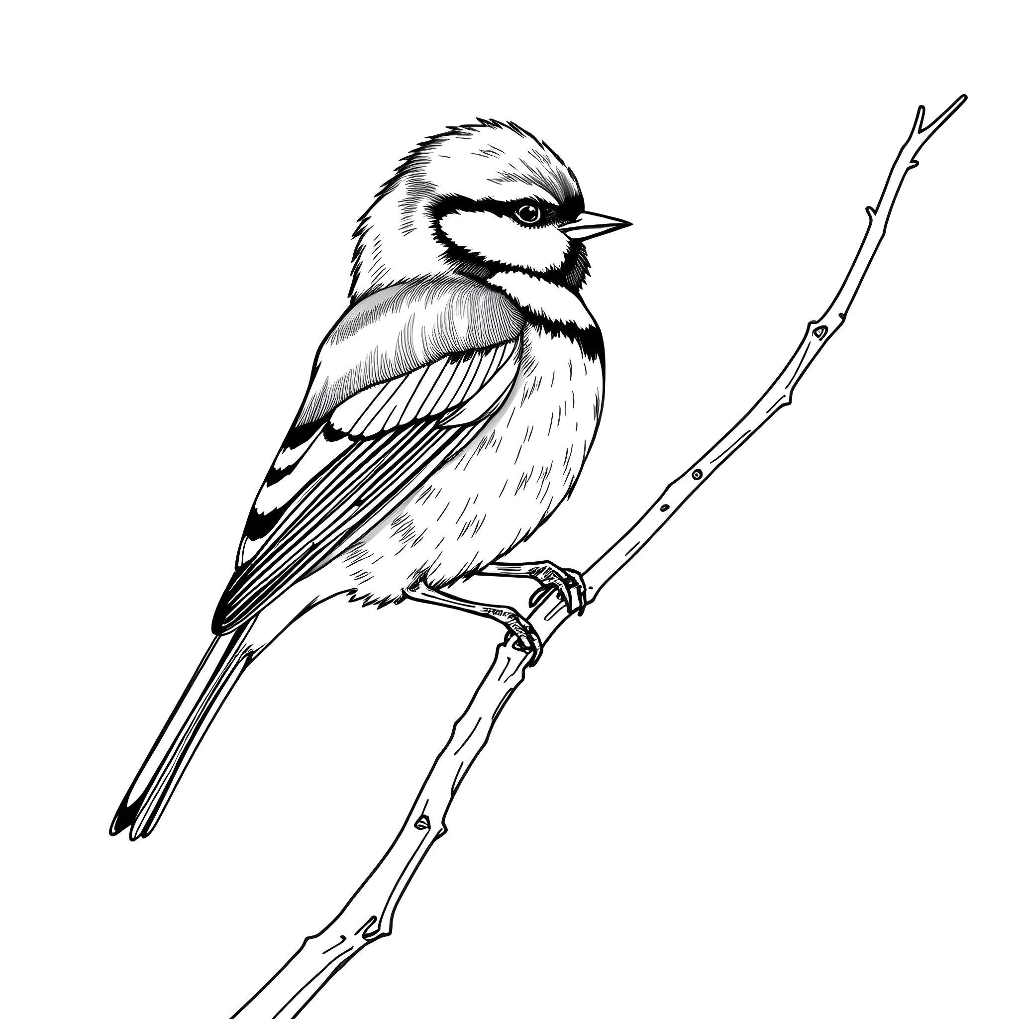 Great Tit perching on a branch Coloring Page (free black-and-white line drawing printable PDF for all, from beginners to advanced learners, including children, teens, adults, and seniors)