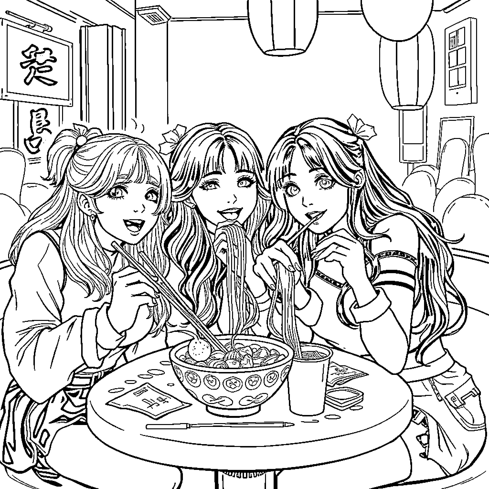 K-Pop Warriors Enjoying Delicious Meal Together Coloring Page (free black-and-white line drawing printable PDF for all, from beginners to advanced learners, including children, teens, adults, and seniors)