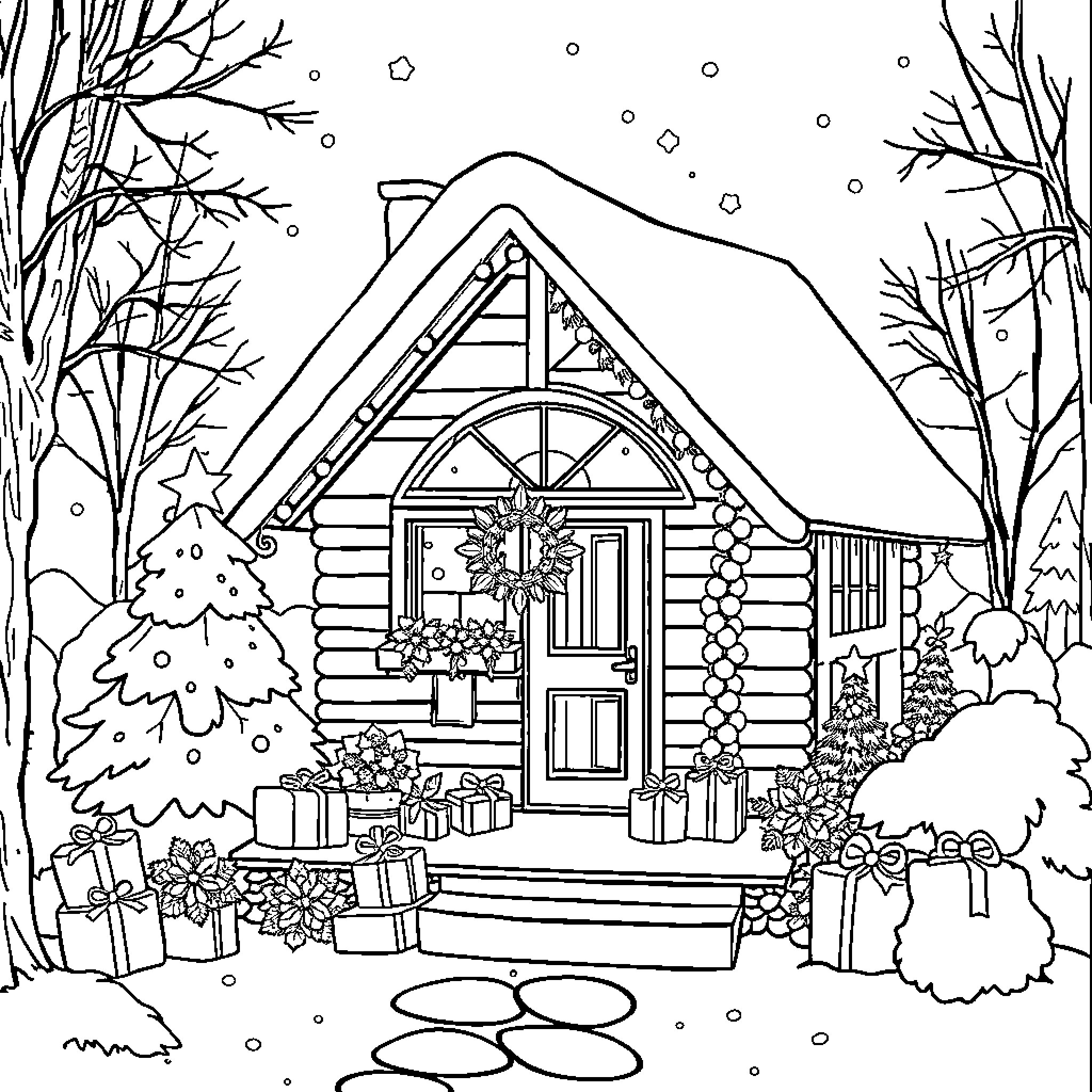 Santa's Cozy Winter Cabin Coloring Page (free black-and-white line drawing printable PDF for all, from beginners to advanced learners, including children, teens, adults, and seniors)