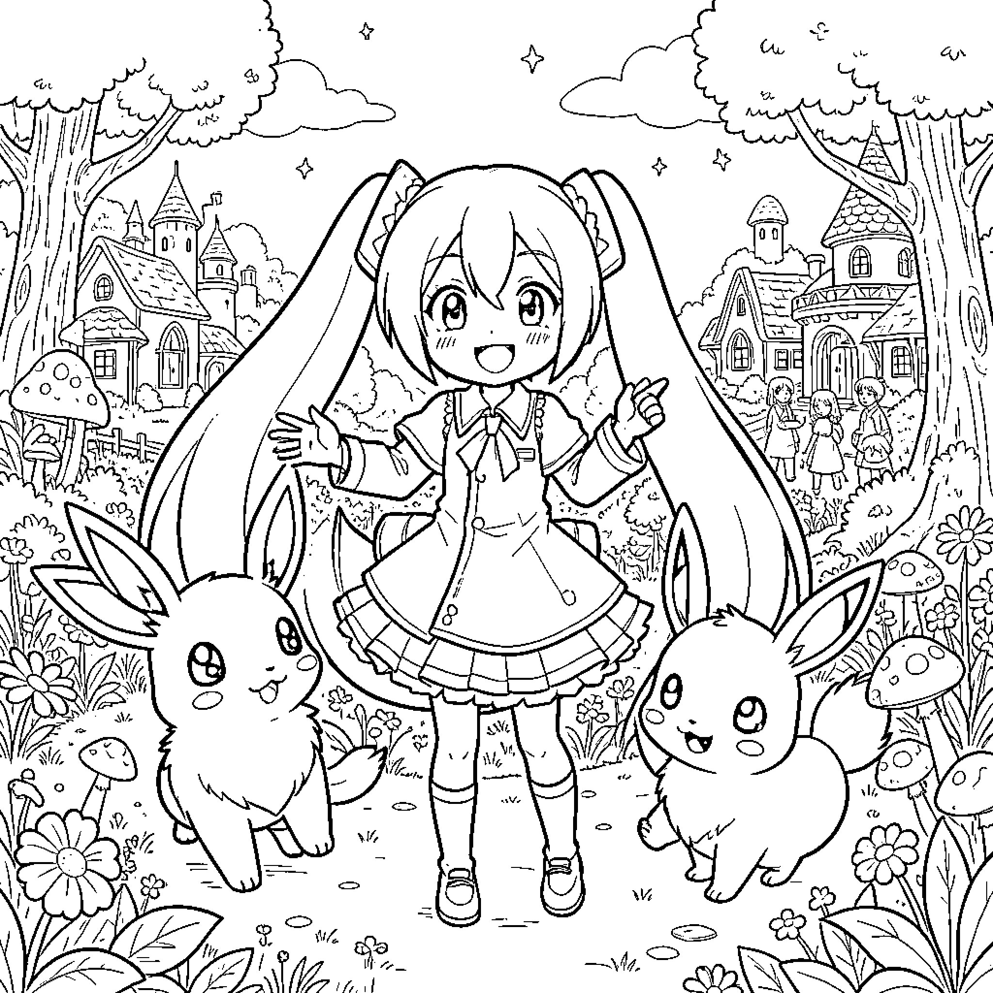 Hatsune Miku's Whimsical Adventure in a Fantastical Landscape Coloring Page (free black-and-white line drawing printable PDF for all, from beginners to advanced learners, including children, teens, adults, and seniors)