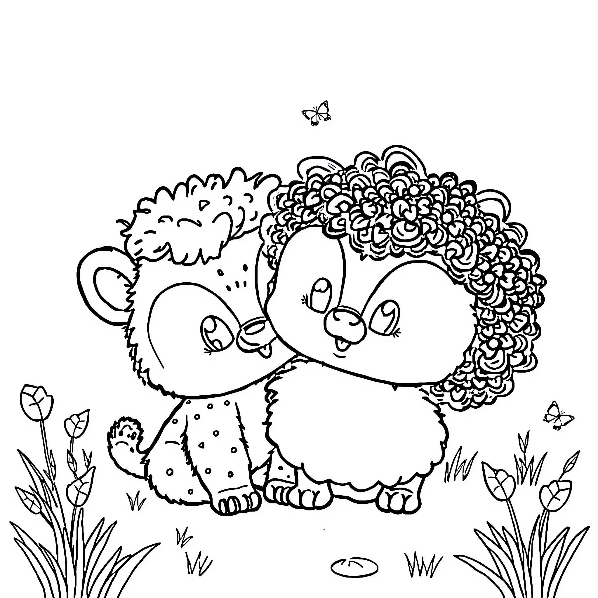 Baby Hedgehog Surrounded by Flowers and Butterflies Coloring Page (free black-and-white line drawing printable PDF for all, from beginners to advanced learners, including children, teens, adults, and seniors)