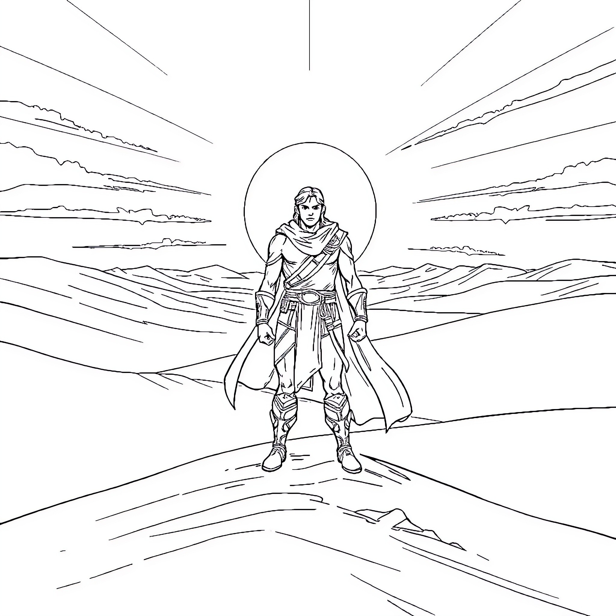 Hero warrior standing tall in the desert Coloring Page (free black-and-white line drawing printable PDF for all, from beginners to advanced learners, including children, teens, adults, and seniors)