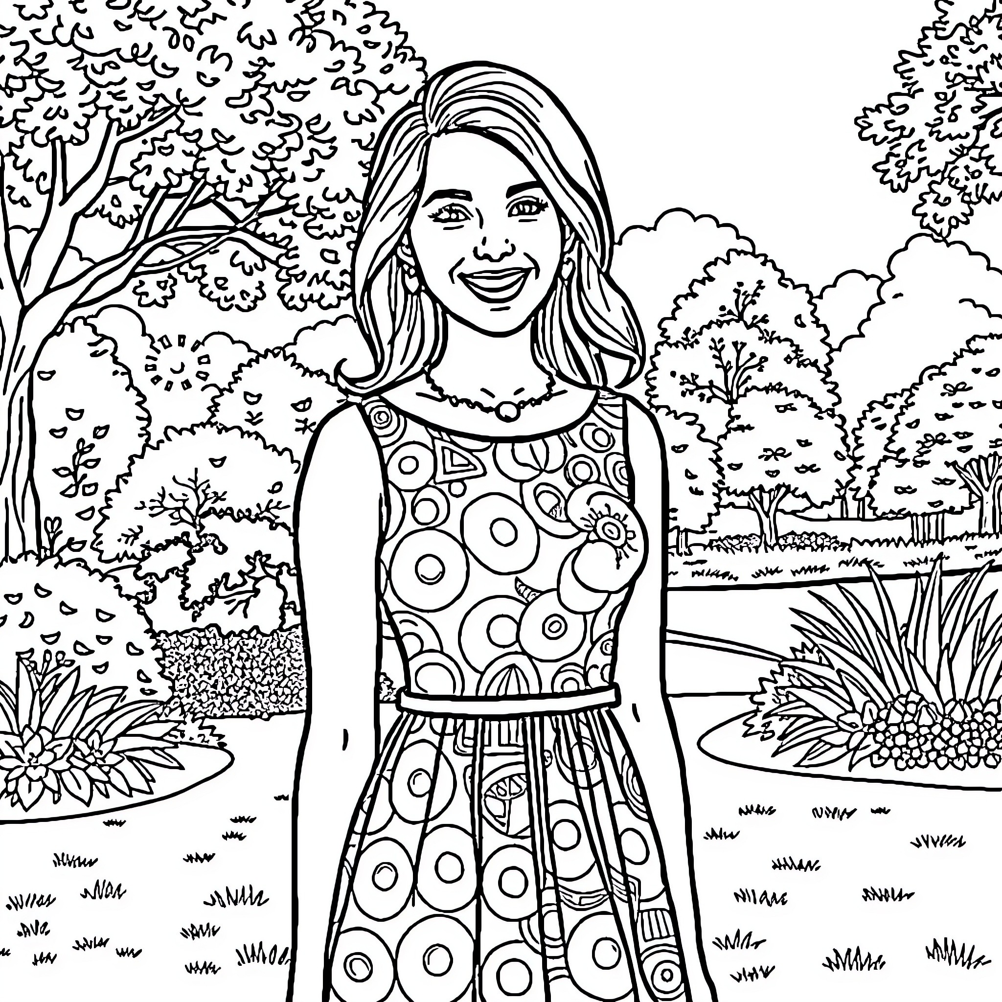 Julie enjoying a day in the park Coloring Page (free black-and-white line drawing printable PDF for all, from beginners to advanced learners, including children, teens, adults, and seniors)