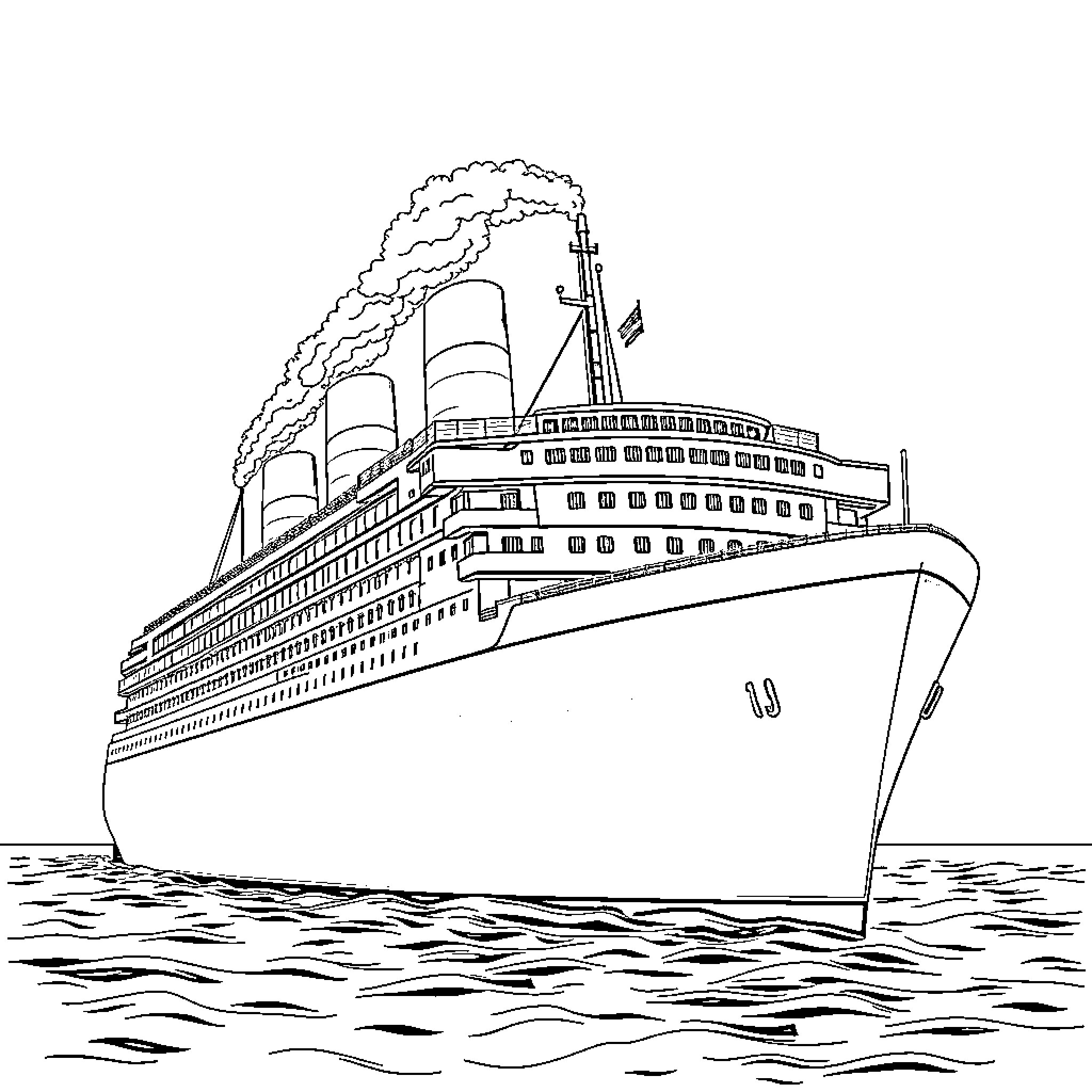 RMS Queen Mary sailing on the high seas Coloring Page (free black-and-white line drawing printable PDF for all, from beginners to advanced learners, including children, teens, adults, and seniors)