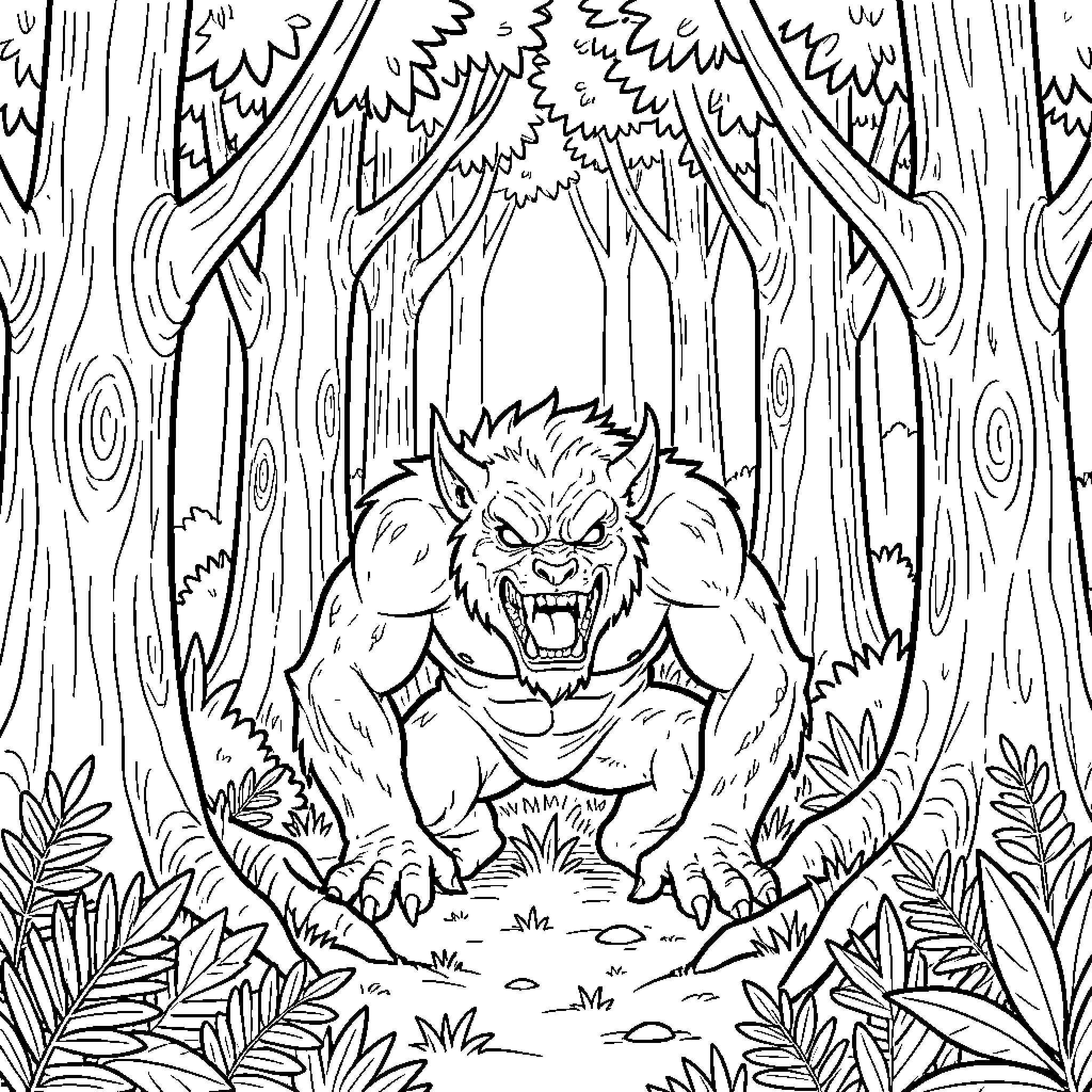 Monstruo roaring in the dark forest Coloring Page (free black-and-white line drawing printable PDF for all, from beginners to advanced learners, including children, teens, adults, and seniors)