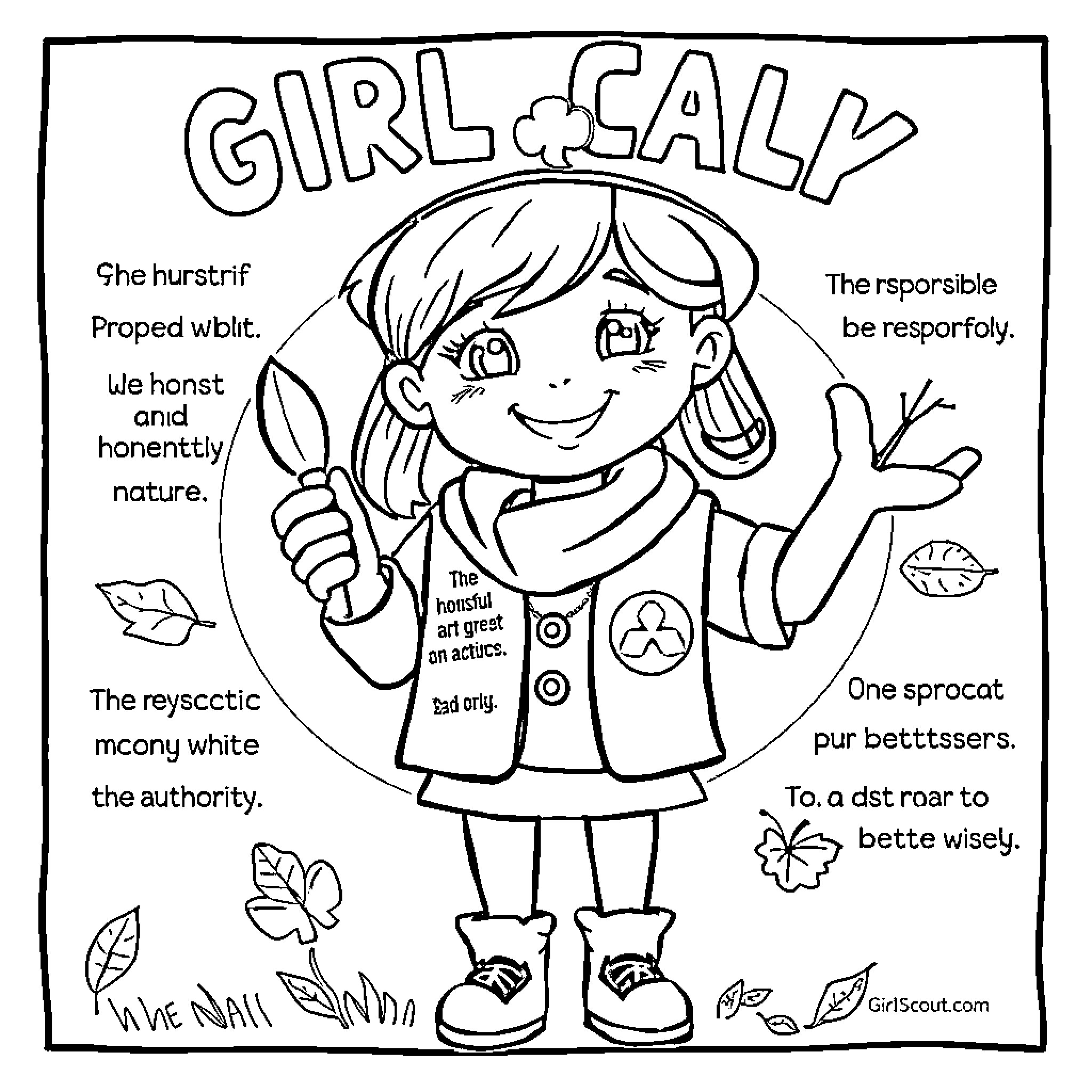 Girl Scout Empowering Qualities Coloring Page (free black-and-white line drawing printable PDF for all, from beginners to advanced learners, including children, teens, adults, and seniors)
