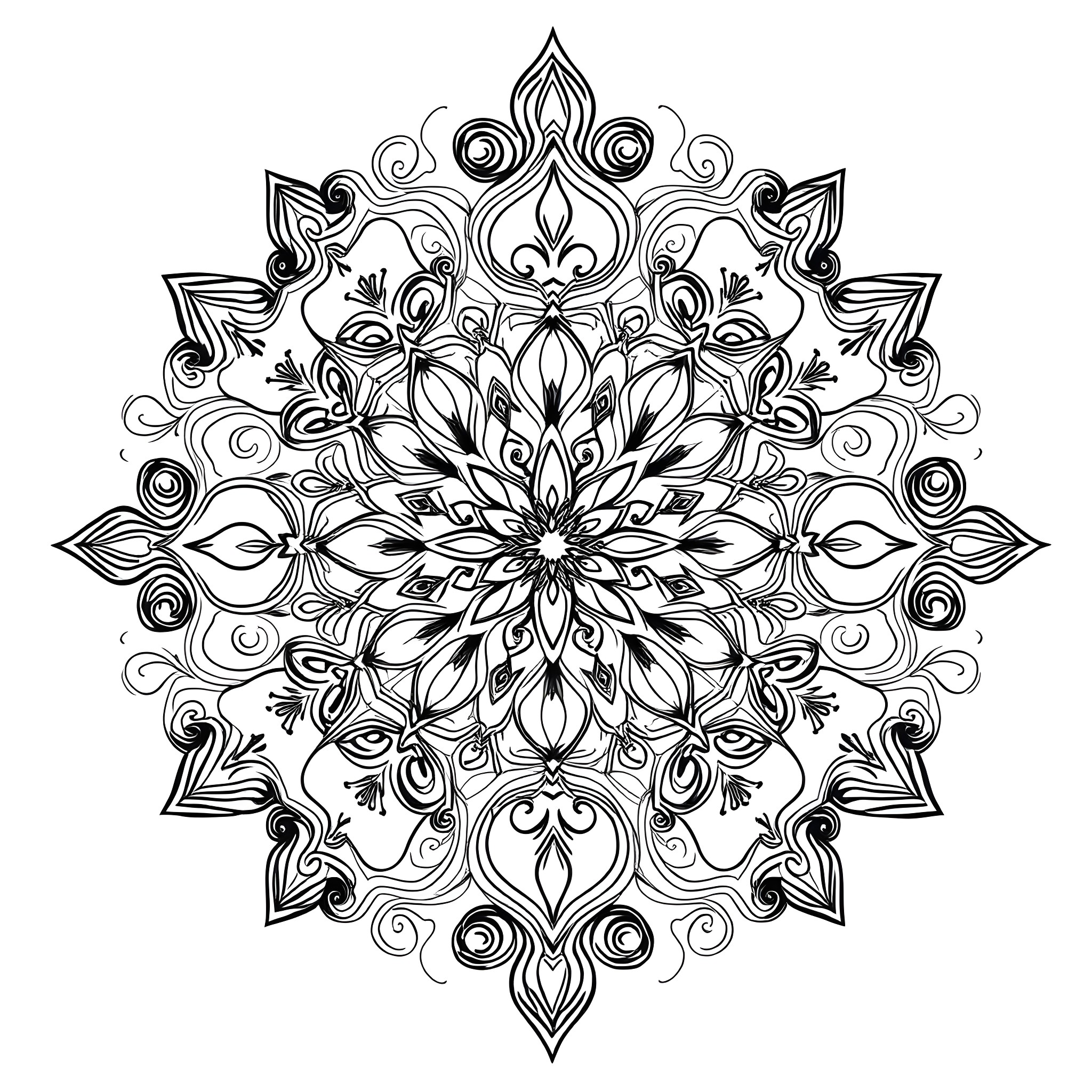 Pattern of Intricate Floral Mandala Design Coloring Page (free black-and-white line drawing printable PDF for all, from beginners to advanced learners, including children, teens, adults, and seniors)