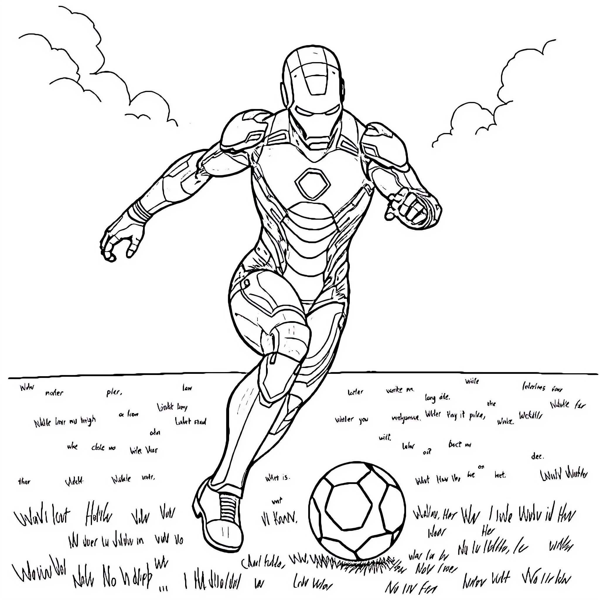 Ironman soaring through the skies in action Coloring Page (free black-and-white line drawing printable PDF for all, from beginners to advanced learners, including children, teens, adults, and seniors)