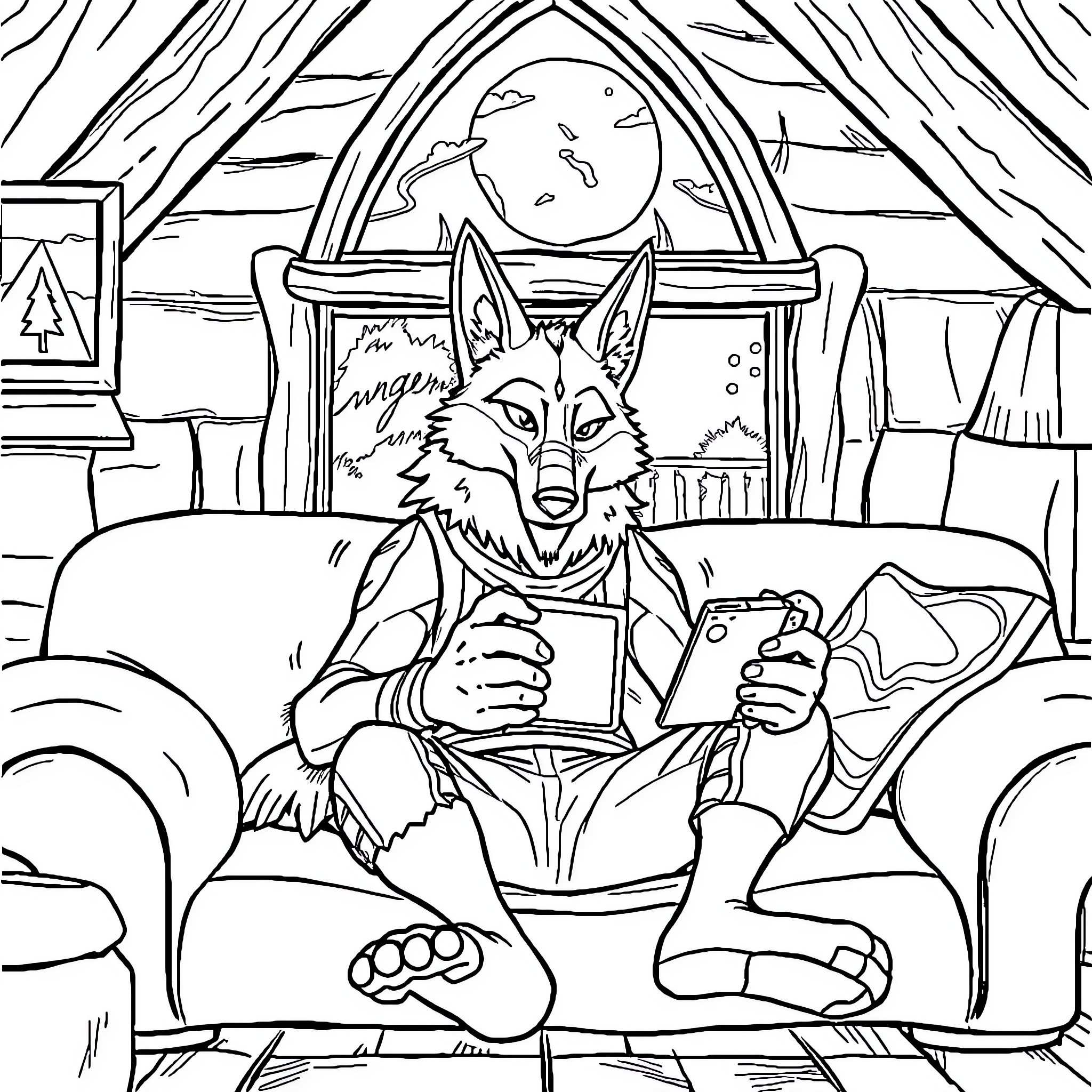 Wolf reading a book in a cozy room Coloring Page (free black-and-white line drawing printable PDF for all, from beginners to advanced learners, including children, teens, adults, and seniors)