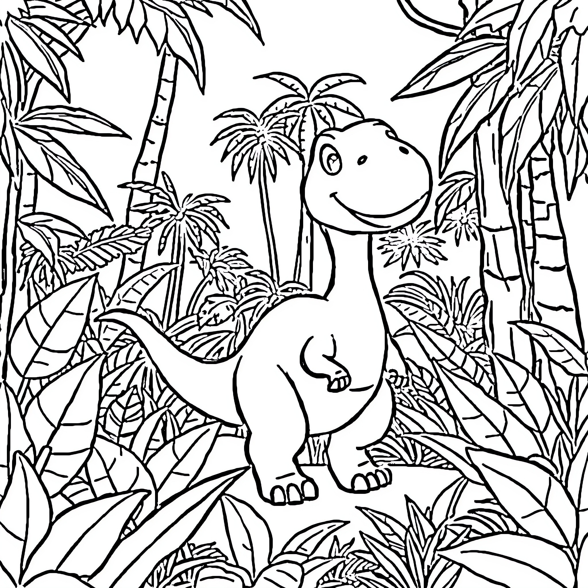 Dinosaur in a lush tropical jungle Coloring Page (free black-and-white line drawing printable PDF for all, from beginners to advanced learners, including children, teens, adults, and seniors)