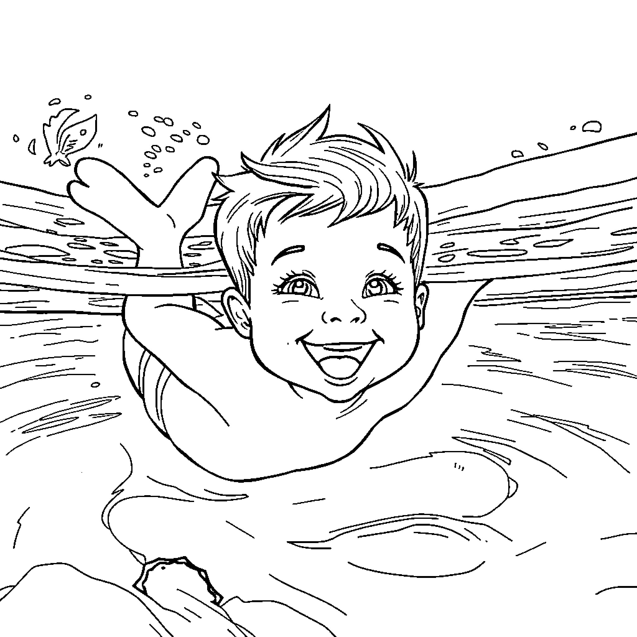 Benjamin playing joyfully in the water Coloring Page (free black-and-white line drawing printable PDF for all, from beginners to advanced learners, including children, teens, adults, and seniors)