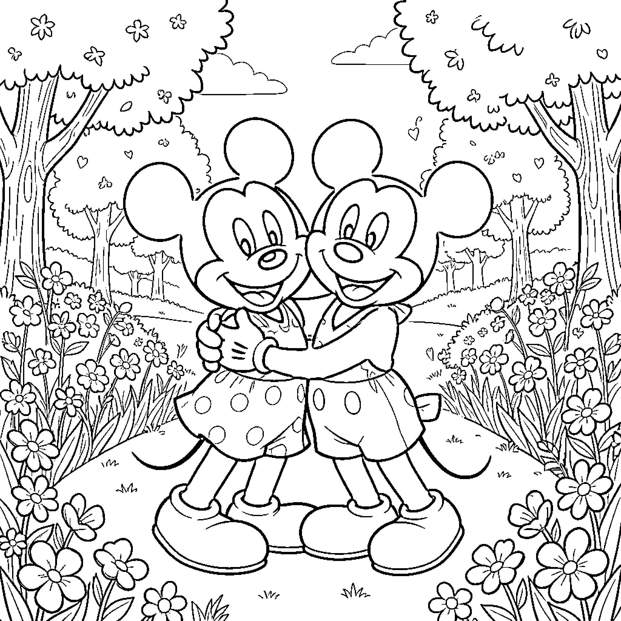 Mickey and Minnie Mouse hugging in a flowery meadow Coloring Page (free black-and-white line drawing printable PDF for all, from beginners to advanced learners, including children, teens, adults, and seniors)