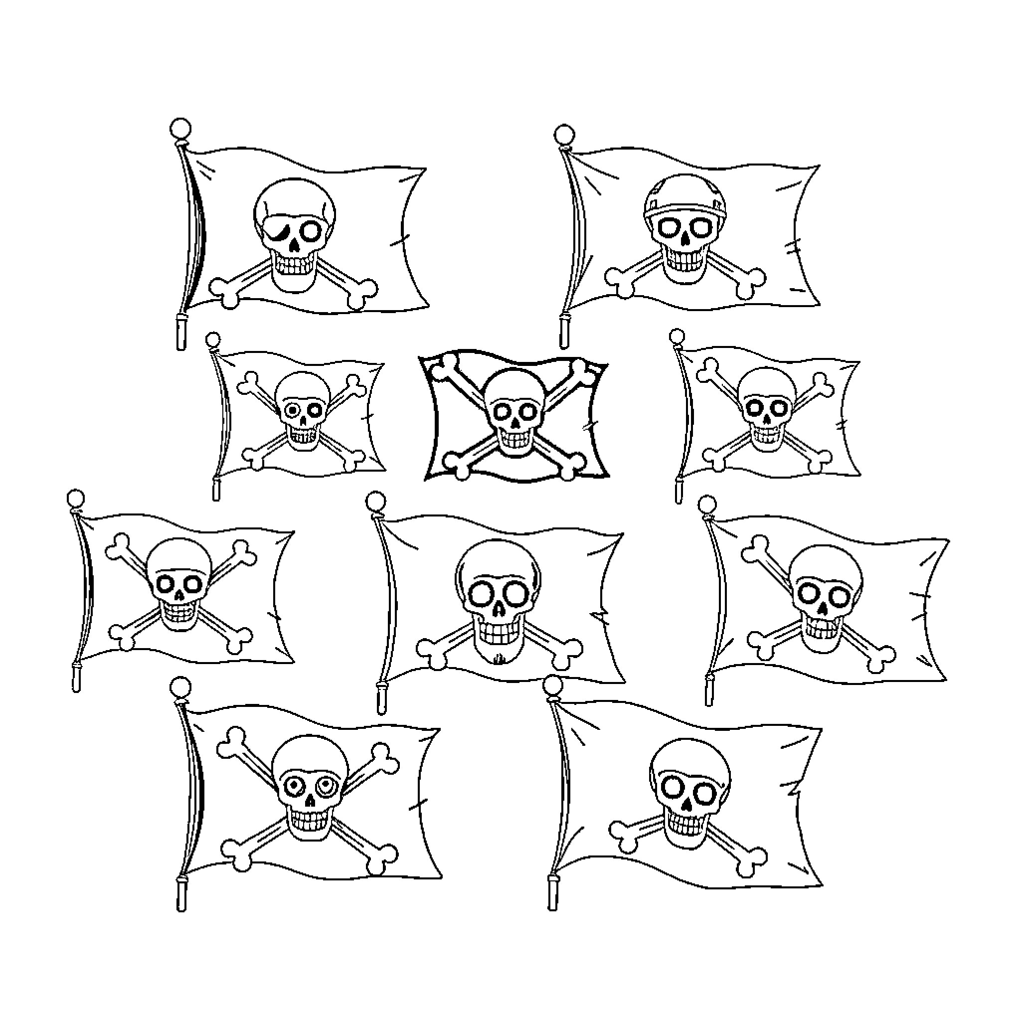 Jolly Roger flags featuring various skull and crossbones designs Coloring Page (free black-and-white line drawing printable PDF for all, from beginners to advanced learners, including children, teens, adults, and seniors)