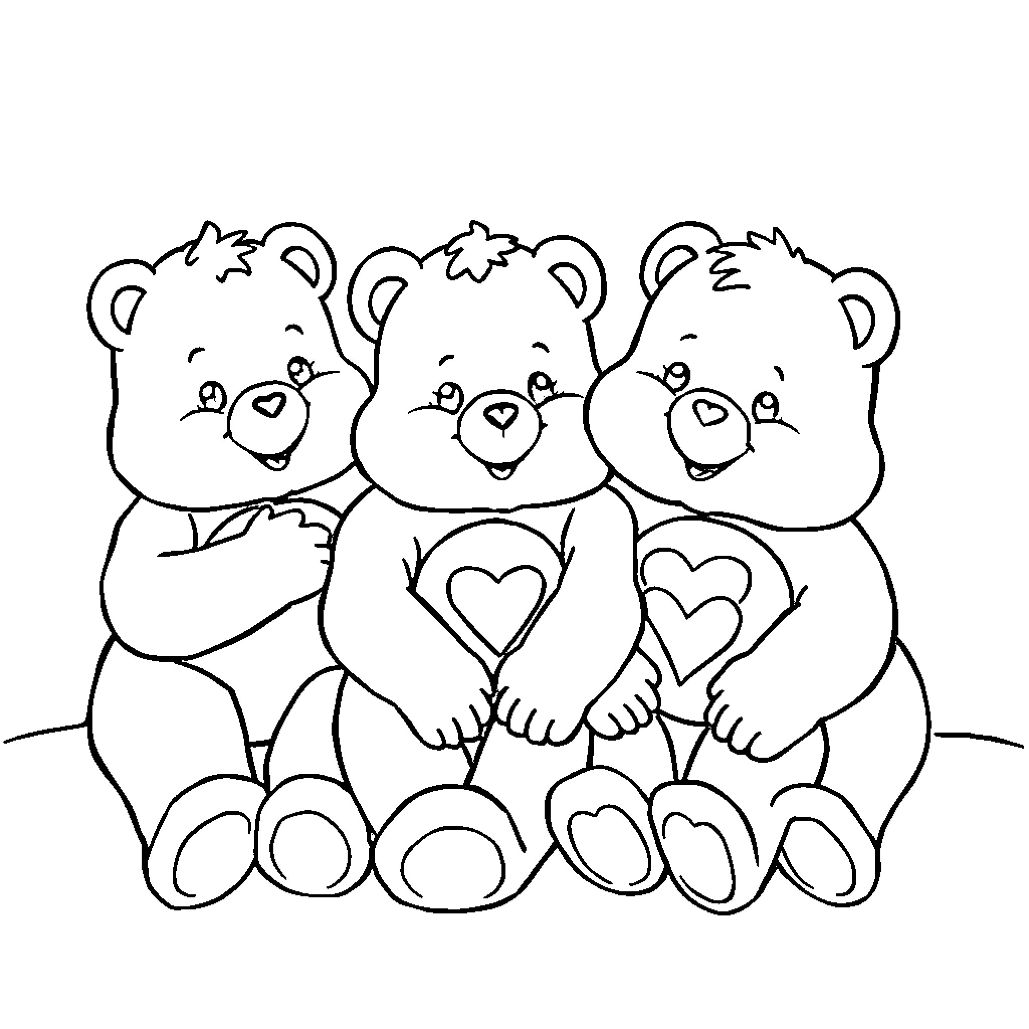Carebear friends relaxing together Coloring Page (free black-and-white line drawing printable PDF for all, from beginners to advanced learners, including children, teens, adults, and seniors)