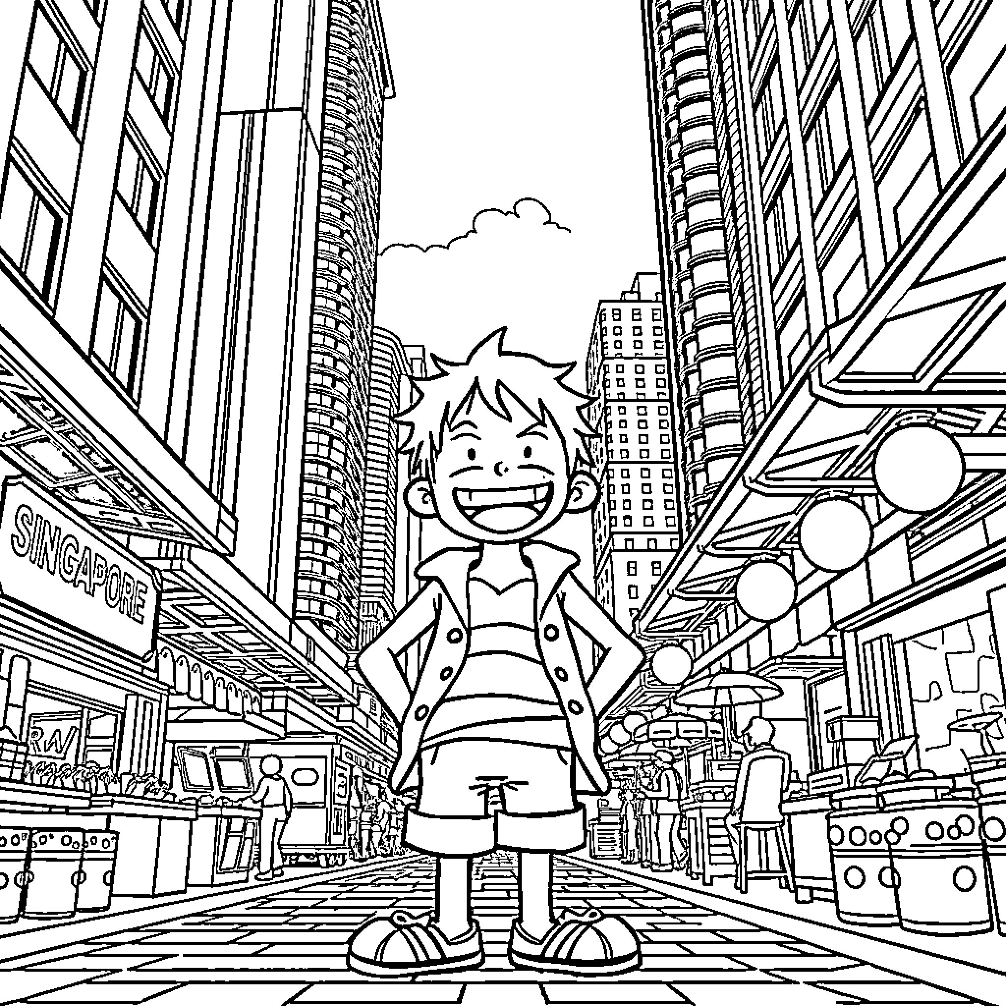 Monkey D Luffy exploring the bustling city streets Coloring Page (free black-and-white line drawing printable PDF for all, from beginners to advanced learners, including children, teens, adults, and seniors)