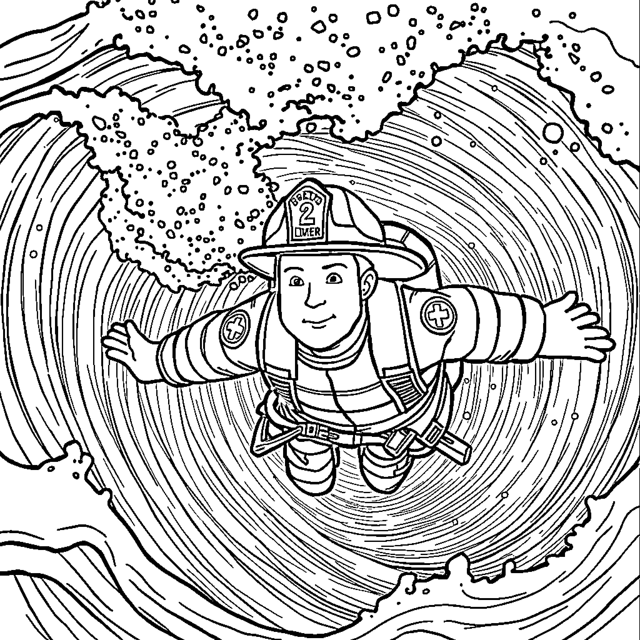 Fireman rescuing someone during a storm Coloring Page (free black-and-white line drawing printable PDF for all, from beginners to advanced learners, including children, teens, adults, and seniors)