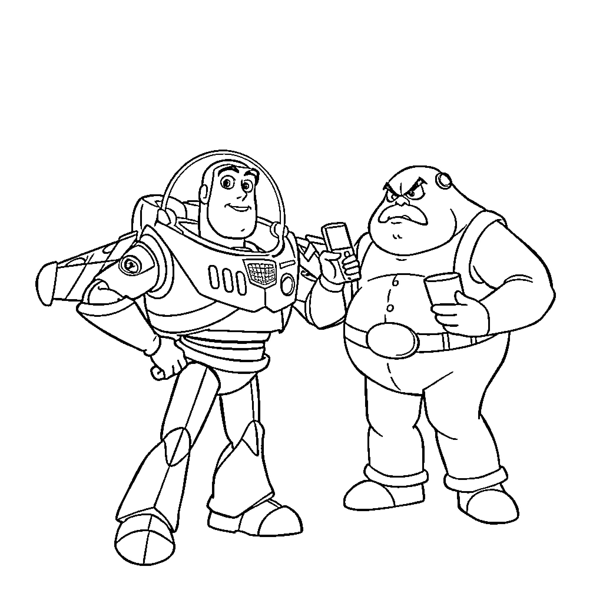 Buzz Lightyear and Alien Friend Adventure Coloring Page (free black-and-white line drawing printable PDF for all, from beginners to advanced learners, including children, teens, adults, and seniors)