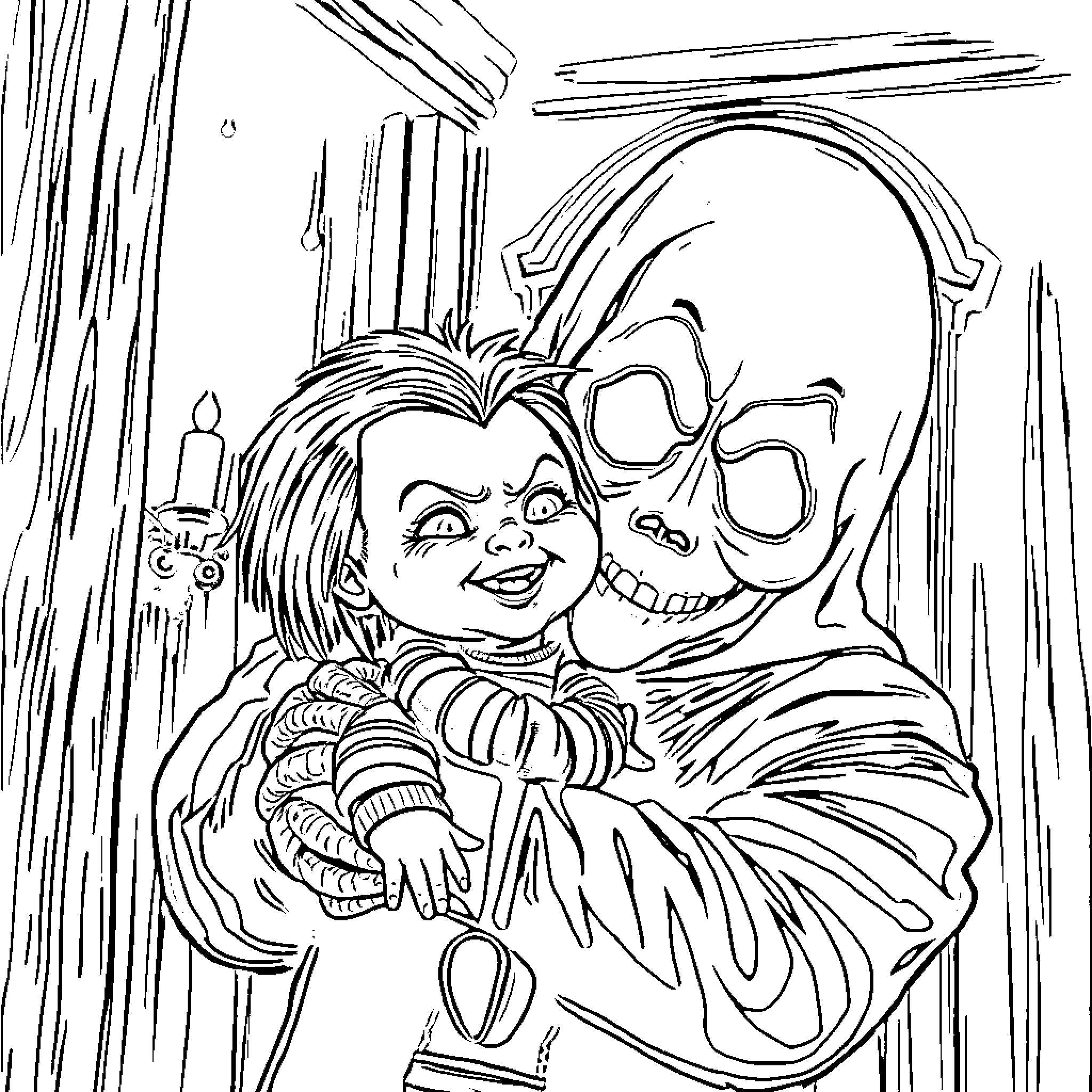 Chucky confronting a sinister figure in the shadows Coloring Page (free black-and-white line drawing printable PDF for all, from beginners to advanced learners, including children, teens, adults, and seniors)