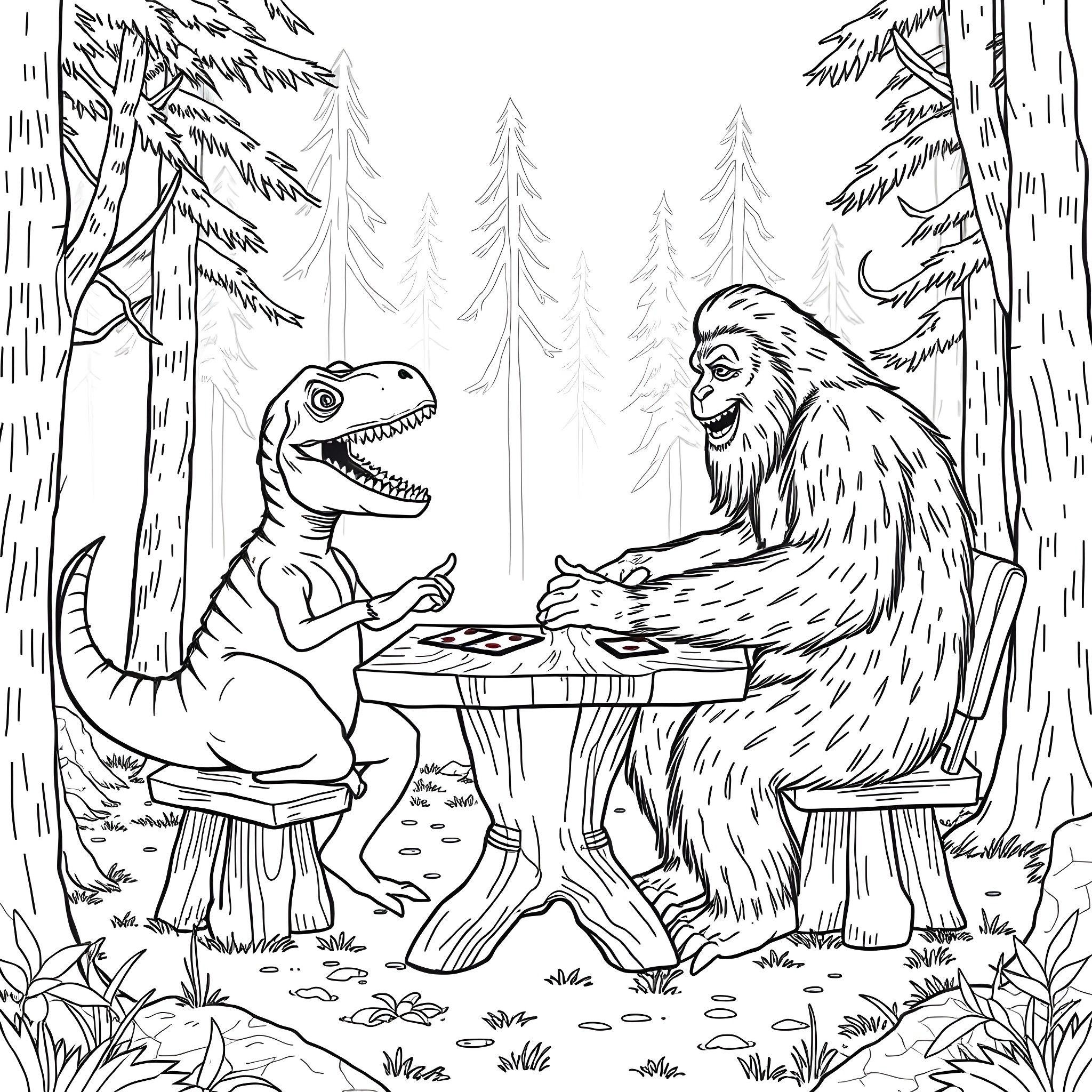 T-Rex and Bigfoot playing checkers in the forest Coloring Page (free black-and-white line drawing printable PDF for all, from beginners to advanced learners, including children, teens, adults, and seniors)