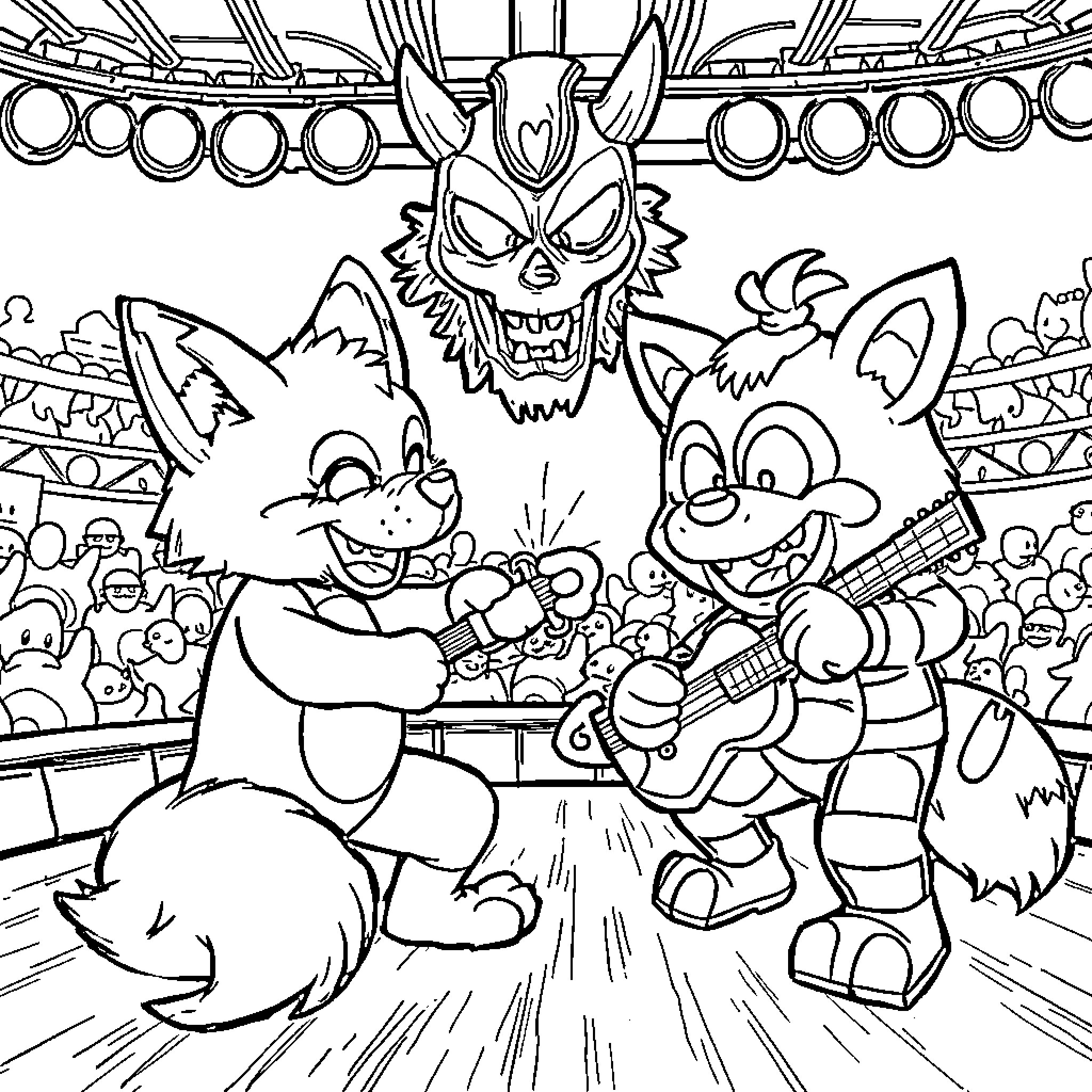 Foxy Creatures Putting on a Lively Show Coloring Page (free black-and-white line drawing printable PDF for all, from beginners to advanced learners, including children, teens, adults, and seniors)