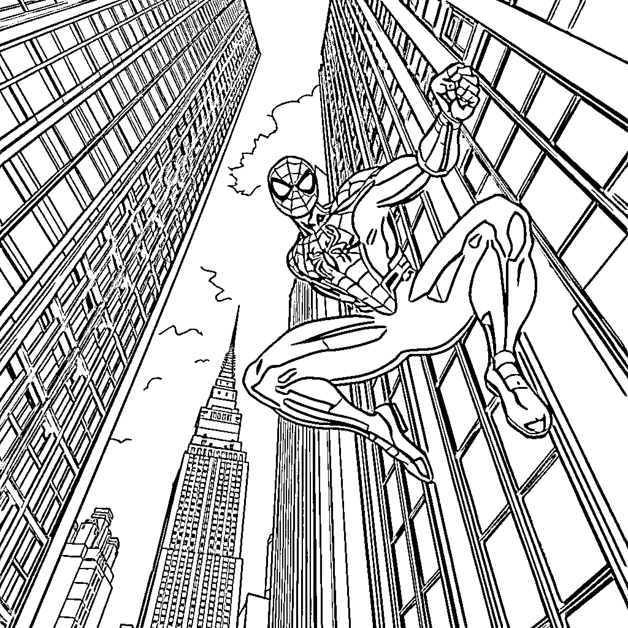 Spiderman swinging across the city skyline Coloring Page (free black-and-white line drawing printable PDF for all, from beginners to advanced learners, including children, teens, adults, and seniors)
