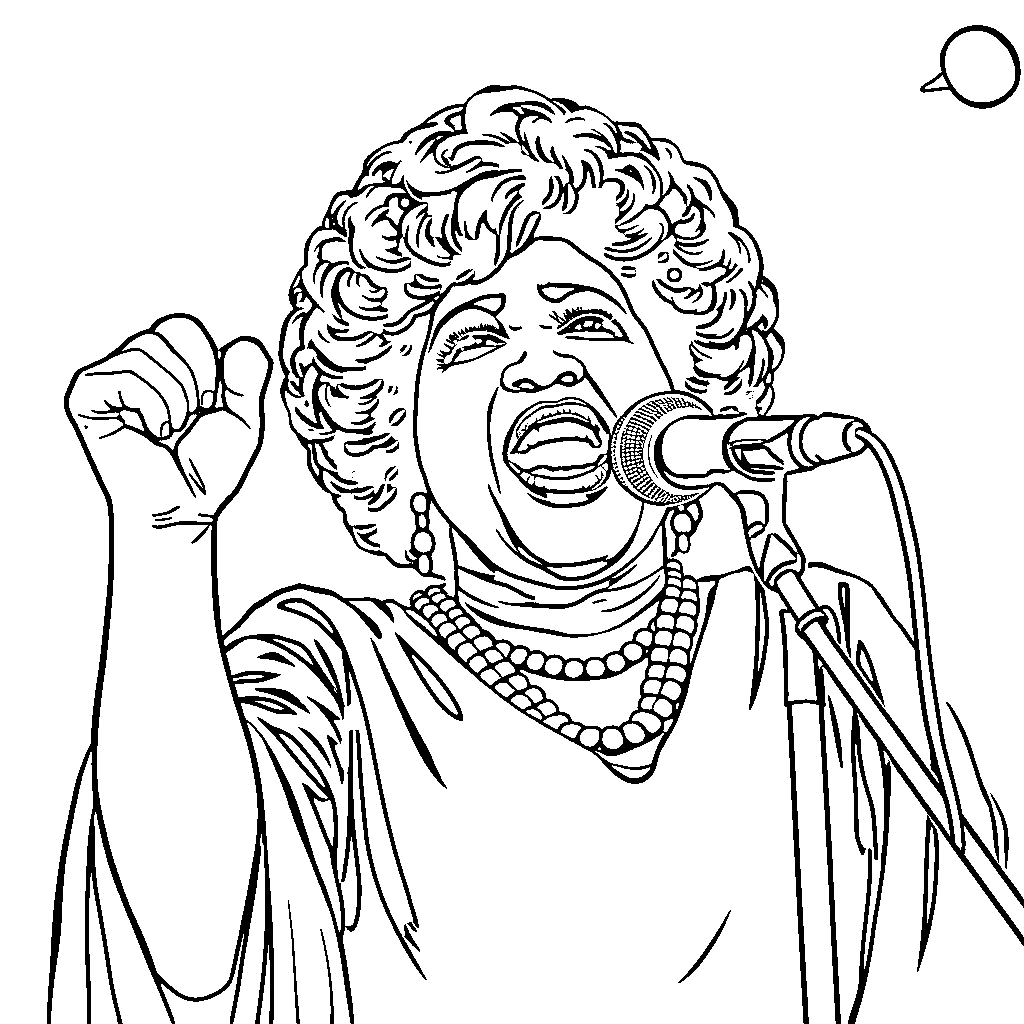 Aretha Franklin singing passionately into the microphone Coloring Page (free black-and-white line drawing printable PDF for all, from beginners to advanced learners, including children, teens, adults, and seniors)