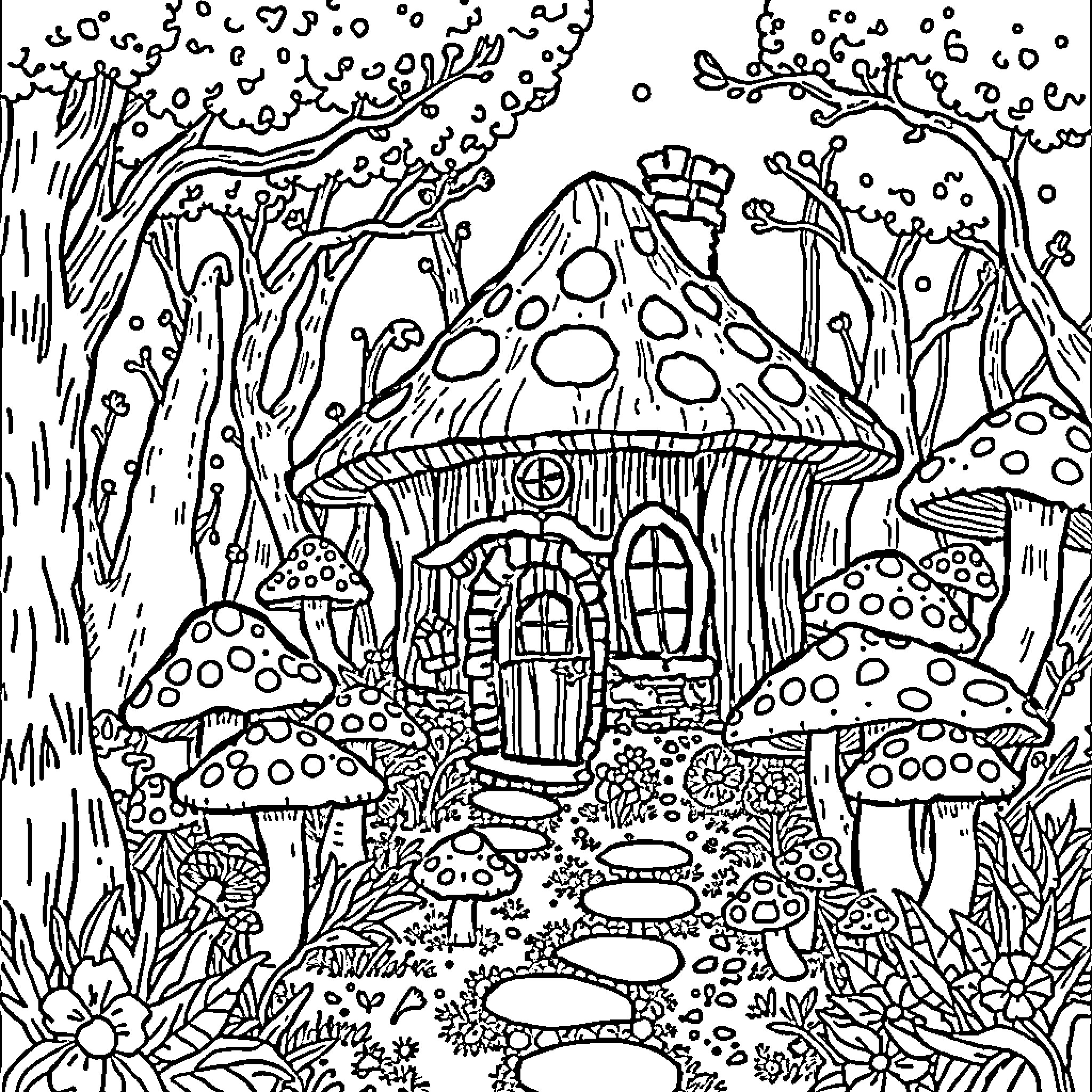 Cottage in the Enchanted Mushroom Forest Coloring Page (free black-and-white line drawing printable PDF for all, from beginners to advanced learners, including children, teens, adults, and seniors)