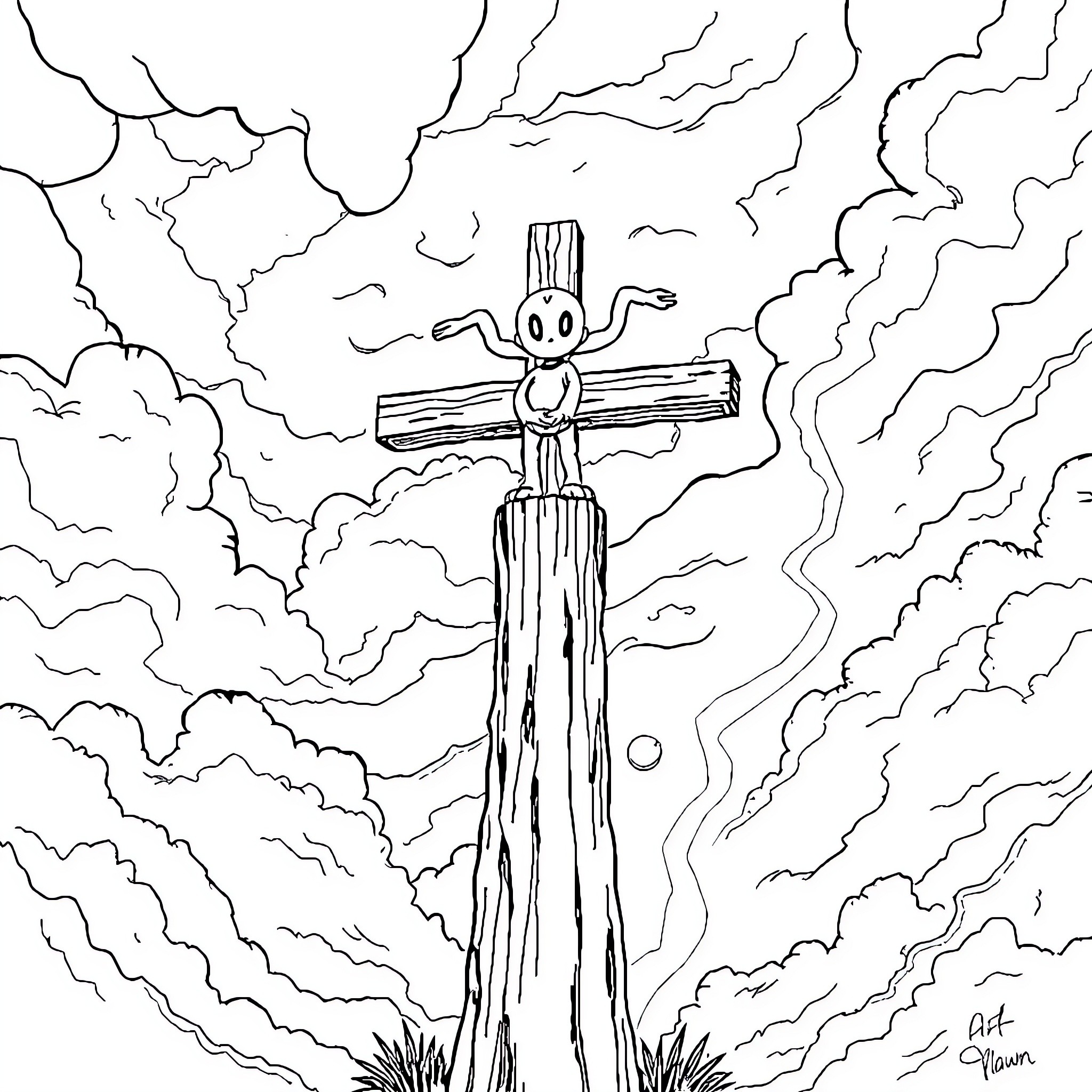 Spawn on the Cross amid Cloudy Skies Coloring Page (free black-and-white line drawing printable PDF for all, from beginners to advanced learners, including children, teens, adults, and seniors)
