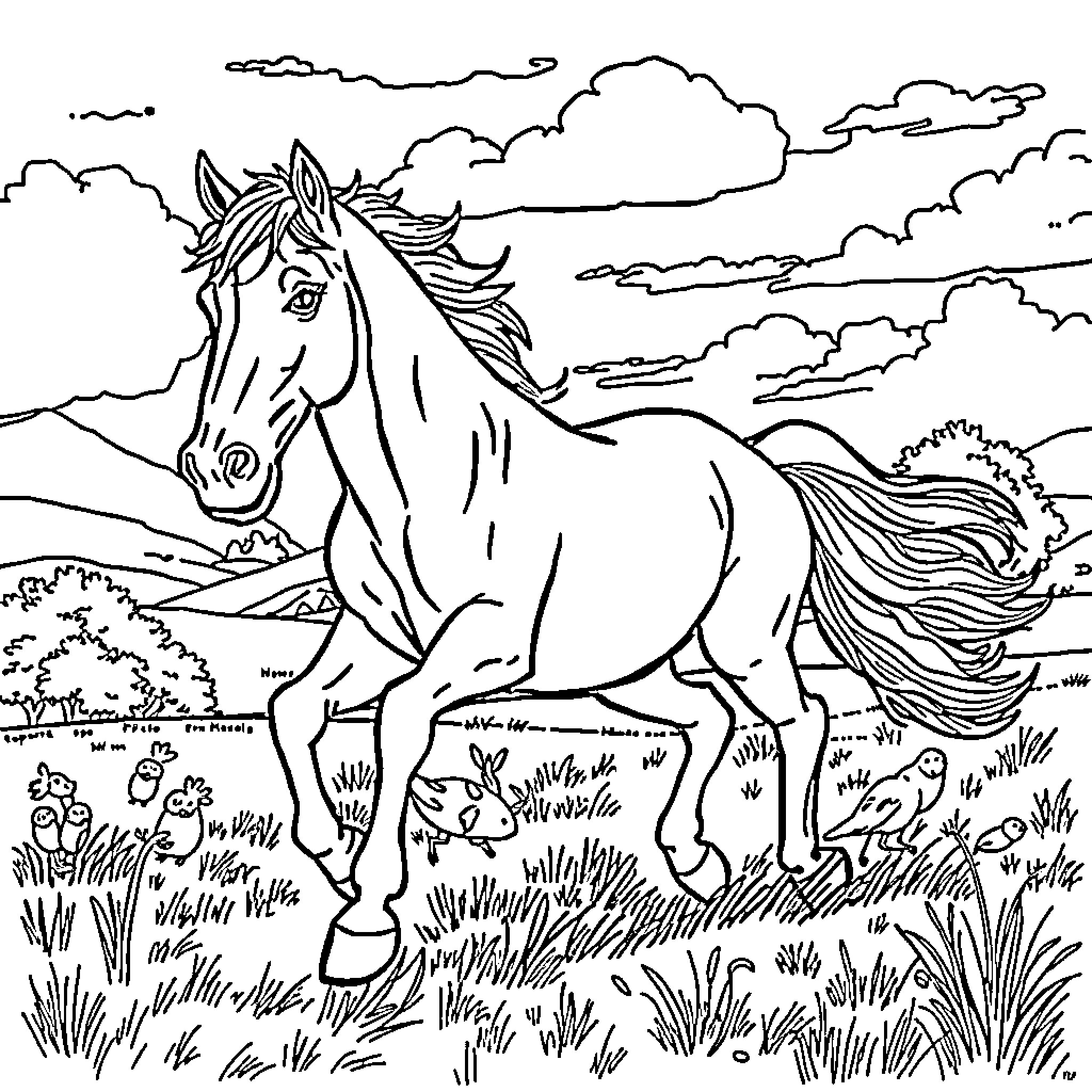Tralalero Majestic Horse in the Countryside Coloring Page (free black-and-white line drawing printable PDF for all, from beginners to advanced learners, including children, teens, adults, and seniors)
